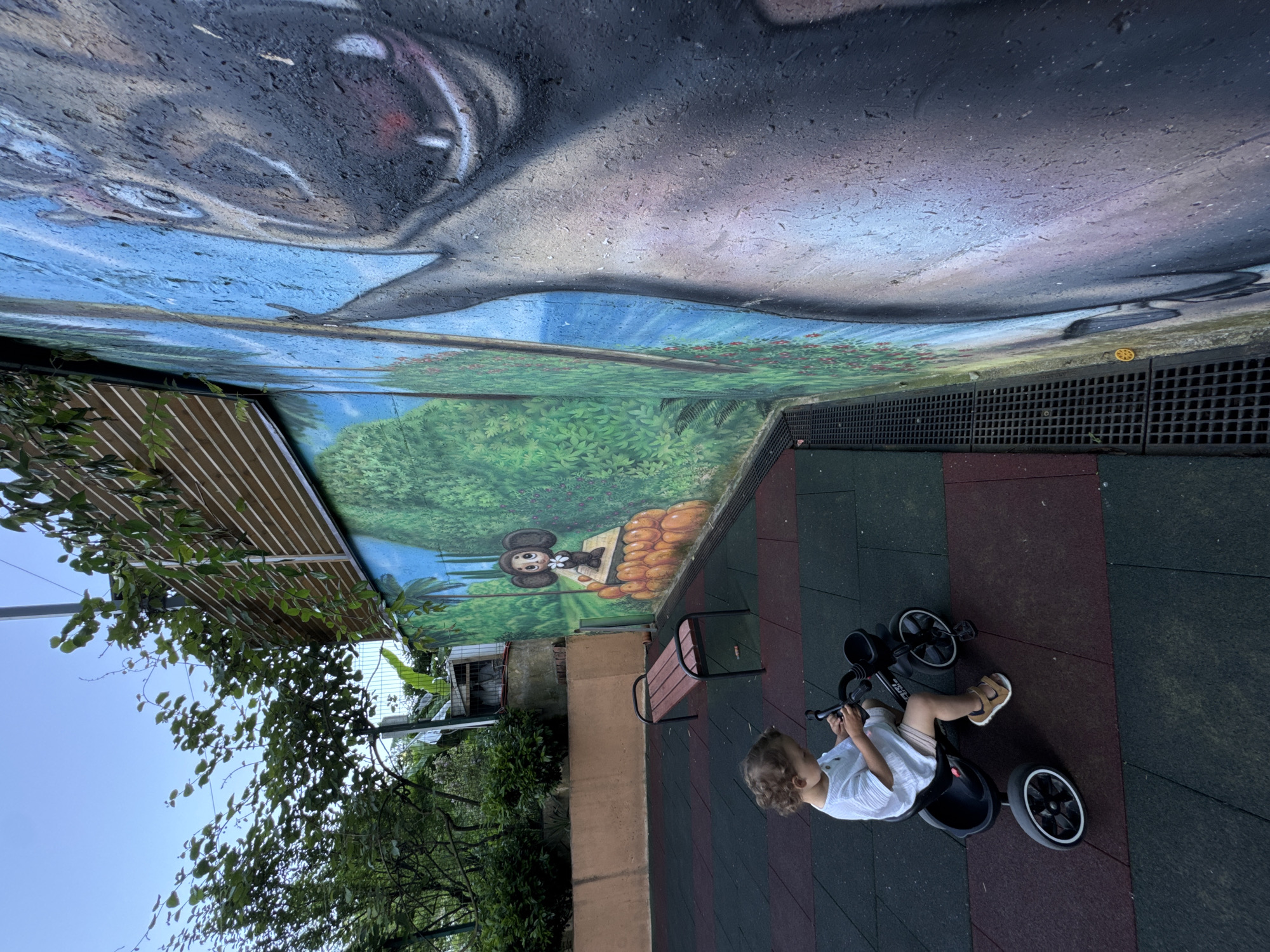 The scene depicts an outdoor play area in Sochi, Russia. A young child, approximately a toddler, with light, curly hair, is seated on a black three-wheeled tricycle on a resilient rubber-tiled surface. The child is dressed in a white short-sleeved shirt, light-colored shorts, and brown sandals, with hands positioned on the tricycle's handlebars. The ground is composed of interlocking rubber tiles in alternating shades of dark red and dark green.
A concrete wall, exhibiting texture and some wear, spans the background and the right side of the frame. This wall is adorned with a vibrant mural. On the left section of the mural, the Russian animated character Cheburashka is depicted sitting atop a pile of orange, pumpkin-like objects, against a backdrop of green foliage and slender trees under a blue sky. To the right, a large, grey, anthropomorphic creature, resembling a hippo, is painted emerging from a blue body of water, featuring a wide smile and visible teeth. This figure occupies a significant portion of the mural in the right foreground due to the perspective.
A brown-painted bench with a slatted wooden seat is situated below the Cheburashka mural section. Along the base of the mural wall, a metal grate drainage system is visible. Above the wall, dense green foliage, various trees, and a light-colored wooden slatted fence or trellis overgrown with vines are present, extending towards a clear blue sky. A metal utility pole is also discernible among the background greenery. The lighting is diffused and even, suggesting daylight without direct sunlight.