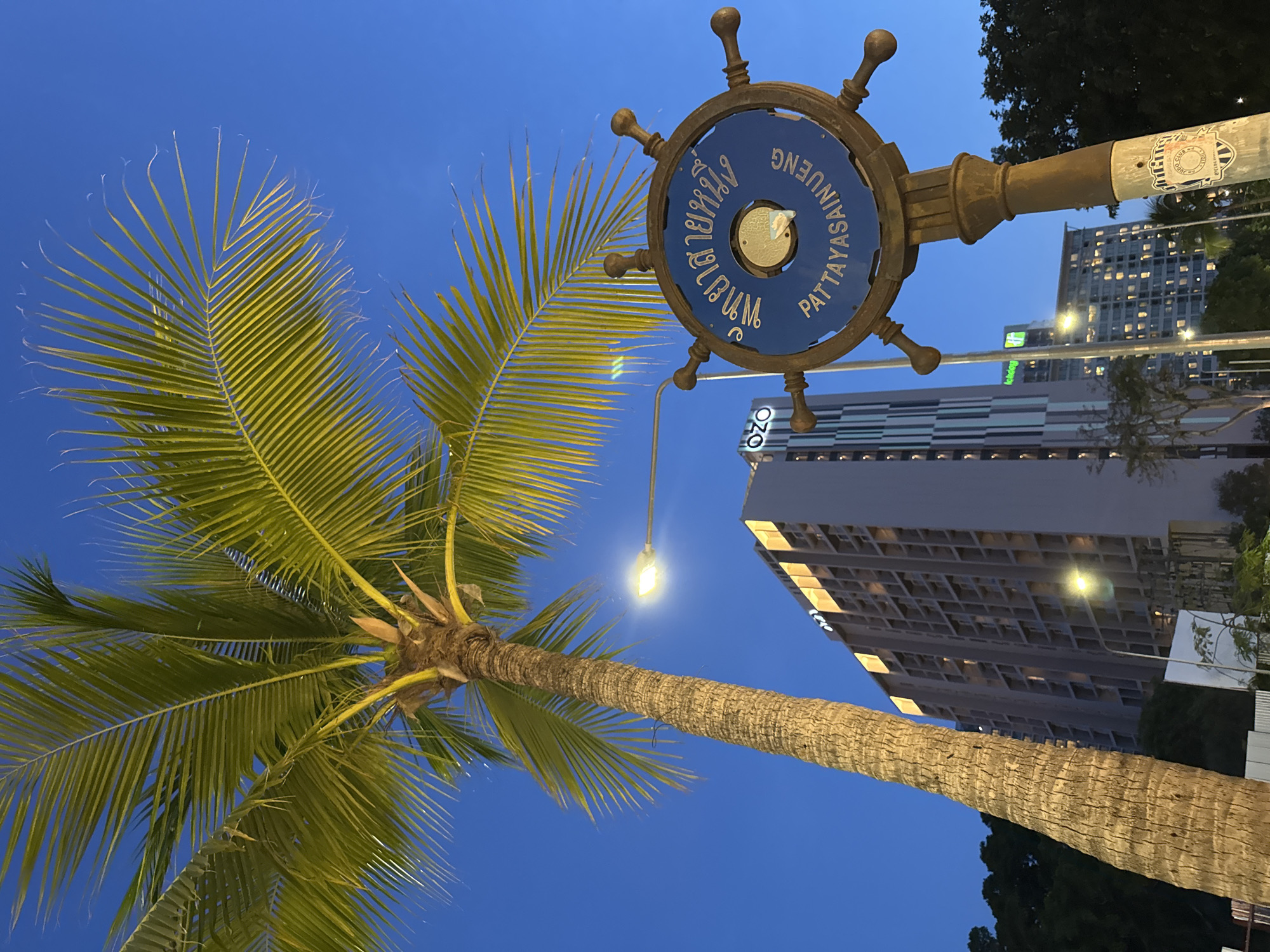 A steering wheel-shaped sign with blue and gold lettering stands in the foreground. The sign reads "พัทยา สายหนึ่ง" in Thai script and "PATTAYASAINUENG" in English, suggesting it marks a street or district in Pattaya, Thailand. Behind the sign, a tall, slender palm tree with vibrant green fronds reaches towards a clear, dark blue twilight sky. To the left of the palm tree and in the mid-ground, a modern, multi-story hotel building with illuminated windows is visible. The building has a light gray facade with vertical accents and visible balconies. A street light illuminates the area, casting a warm glow. In the background, other buildings with lit windows can be seen, contributing to the urban night scene. The overall impression is that of a street corner in a coastal city during dusk.
