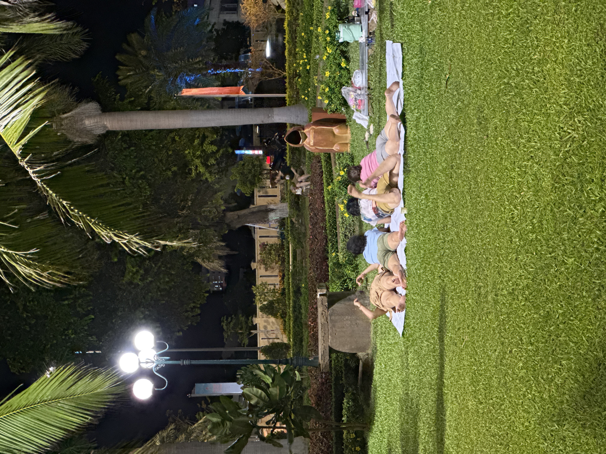 The image depicts a group of people, likely a family, enjoying a nighttime gathering on a well-maintained lawn in South Quy Nhon Ward, Vietnam. The scene appears to be a park or a landscaped public area, with lush green grass, manicured hedges, and palm trees. A large, grey, cylindrical object, possibly a decorative planter or statue, is visible. Streetlights cast a warm glow, illuminating the area. In the background, buildings with illuminated windows suggest an urban or semi-urban setting. The people are lying on white blankets spread on the grass, with some appearing to be relaxing or engaging in conversation. One person in the foreground is wearing a pink shirt and grey shorts, while others are in casual attire. The overall atmosphere seems peaceful and relaxed, indicative of a casual evening outing. The time of day is clearly night, and the weather appears to be clear.