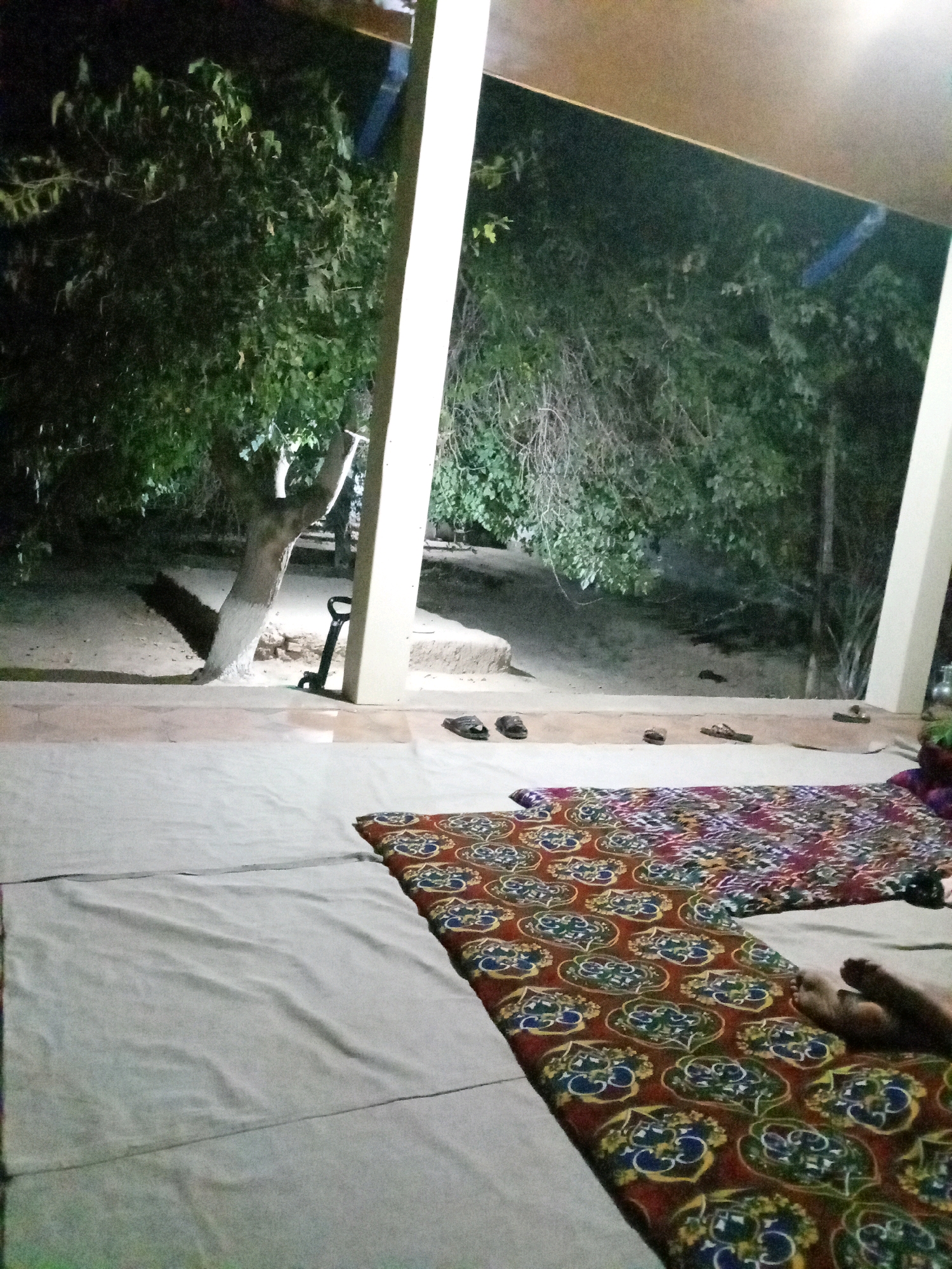 The image captures an outdoor scene at night, likely in a residential or communal outdoor seating area, in the city of Gulistan, Uzbekistan. In the foreground, two large, light-colored fabric sheets are laid out on the ground, one partially covered by a decorative textile with a repeating pattern of floral or paisley motifs in red, blue, and gold. To the right, a person's feet, with visible toes, are resting on this patterned fabric. Scattered on the ground in the midground are several pairs of dark-colored sandals. Behind the seating area, a tree with white-painted lower trunk stands prominently, casting a shadow. Beyond the tree, dense foliage and branches of trees are visible, illuminated by ambient light. The area appears to be a patio or veranda, with large pillars supporting an overhead structure. The overall ambiance is one of a relaxed, nighttime setting.