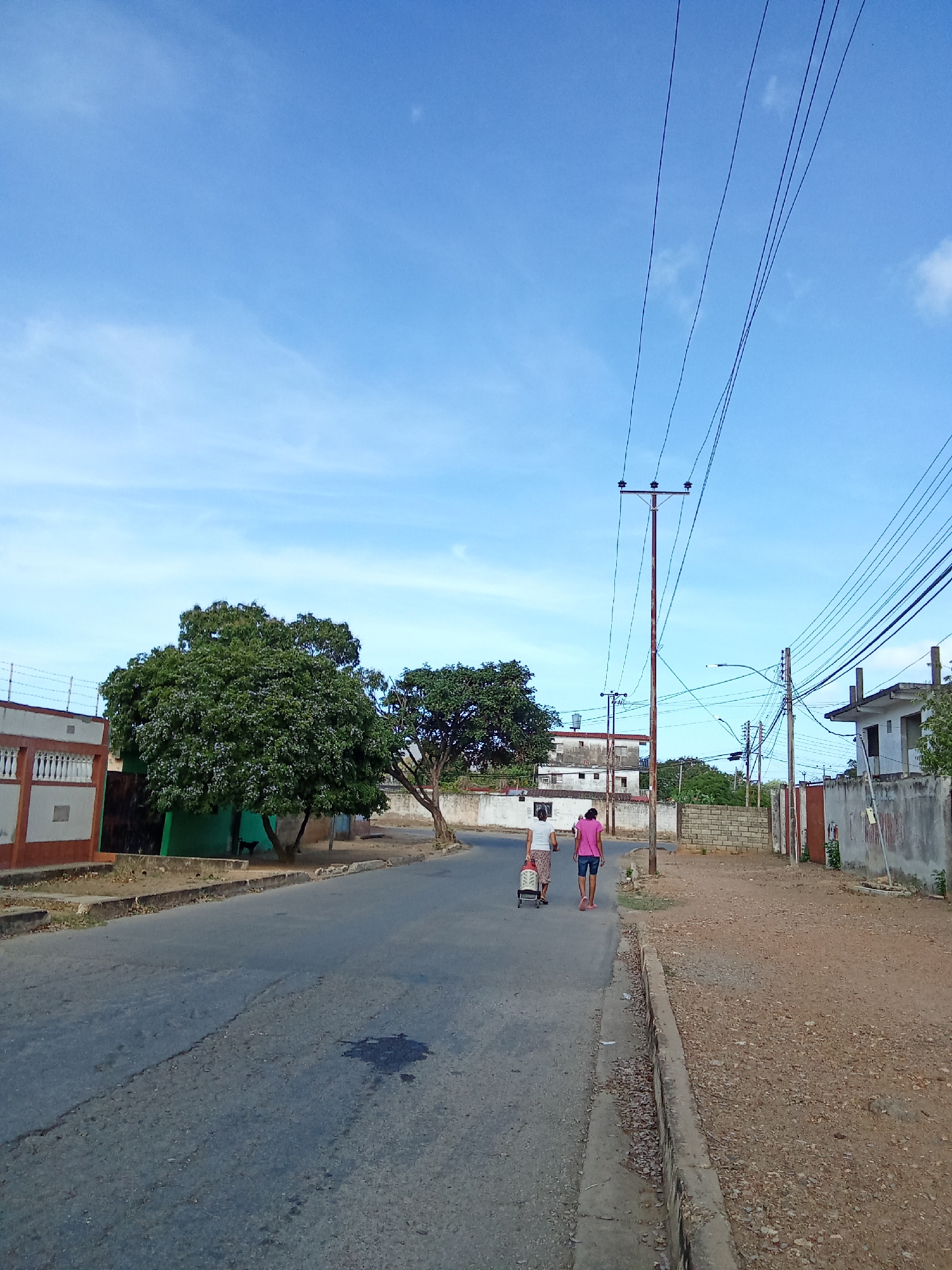 The image shows a street scene in Juan Griego, Venezuela. Two people, one wearing a white shirt and floral print pants and pulling a shopping cart, the other wearing a pink shirt and blue shorts, are walking along the street. The street is paved but cracked, with an oil stain visible on the surface. On the left, there is a tree and a house with a green exterior wall and a barbed wire fence. On the right, there is a building and a gravel path. A utility pole with multiple wires extends across the sky. The sky is blue with some clouds. Buildings can be seen in the background.