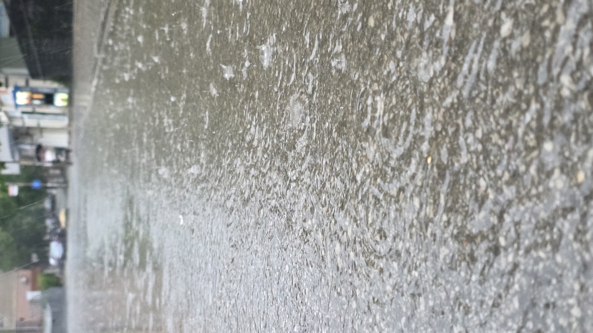 The image captures a rain-soaked street, potentially in Blagoevgrad, Bulgaria. The foreground is dominated by the wet pavement, its rough texture accentuated by the sheen of water. The rain is falling heavily, creating numerous tiny water patterns on the ground. In the blurred background, there are glimpses of urban elements: buildings, a road, possibly some vegetation (trees/shrubs), and suggesting it's a city street. The details are indistinct due to the rain and the depth of field, but hints of architectural forms and possibly vehicles can be made out. The scene conveys a sense of a downpour in an urban setting.