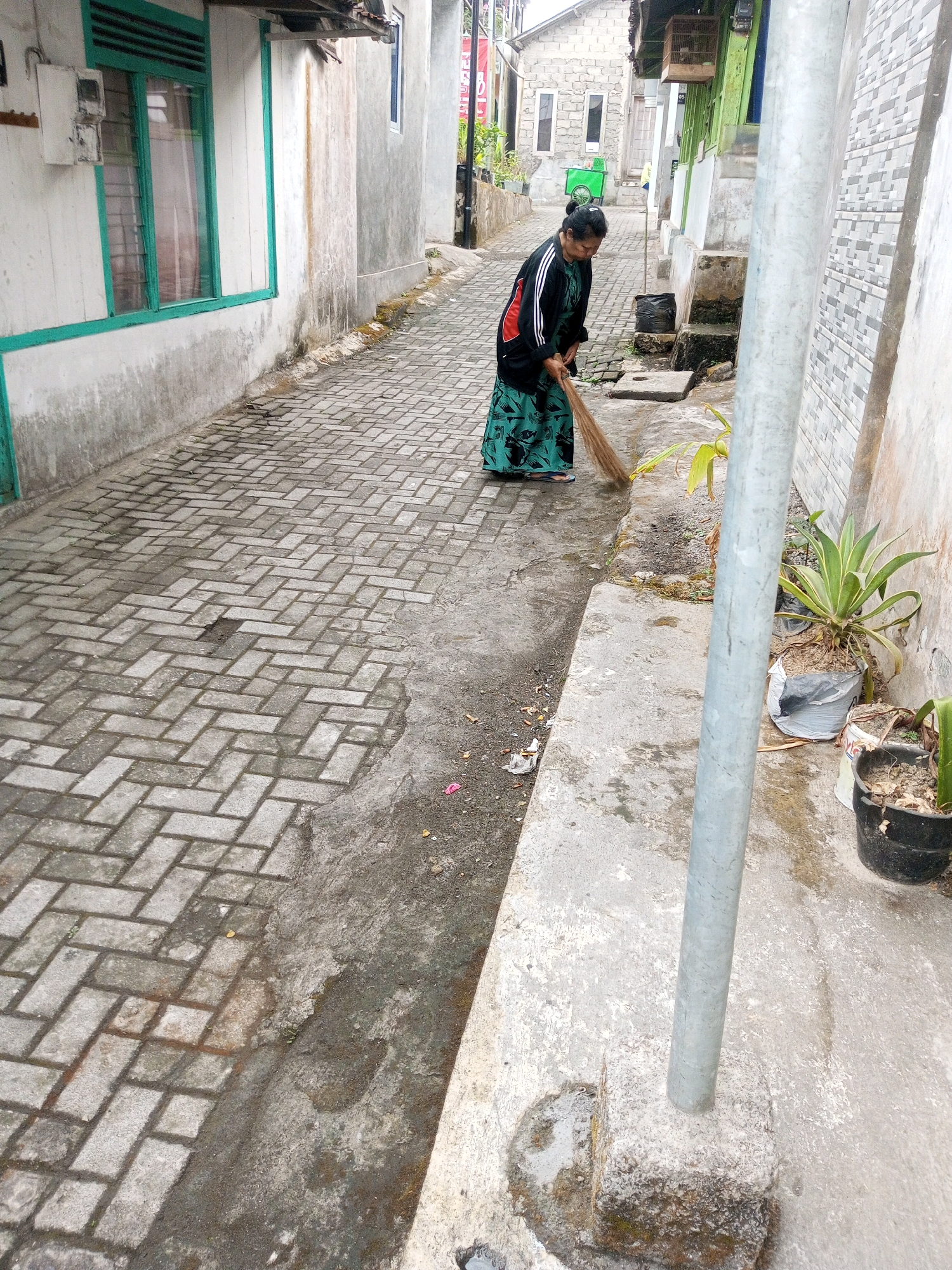 In Andongsili, Indonesia, an older woman wearing a green patterned skirt and a black jacket with red accents is sweeping a narrow alleyway. The alley is paved with interlocking gray bricks, and a concrete gutter runs alongside. The buildings flanking the alley appear to be residential, with white walls and green window frames visible on the left. Plants in pots are placed along the concrete pathway on the right, adjacent to a gray metal pole. A small green cart is parked further down the alley. The scene suggests a typical day in a residential area, with daily chores being performed.
