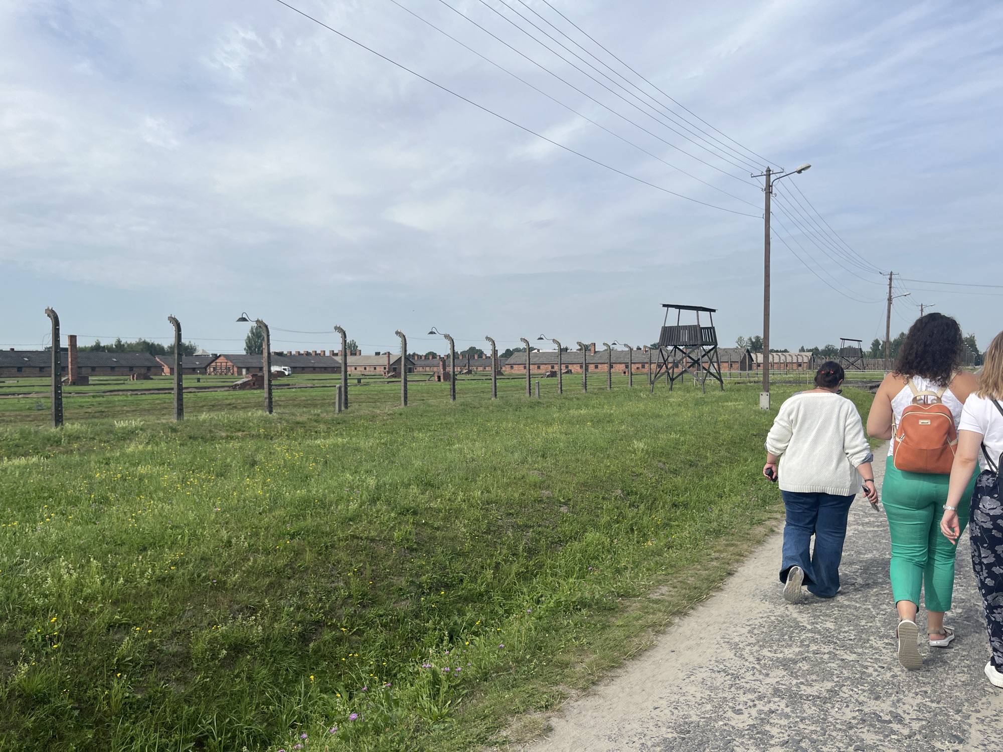The image shows a group of people walking on a gravel path in front of a field with grass and wildflowers. In the background, there are several brick buildings with peaked roofs and a wooden watchtower. There are also tall poles with wires running between them, and barbed wire fences in front of the buildings. The sky is overcast with clouds. The scene appears to be a former concentration camp in Brzezinka, Poland.