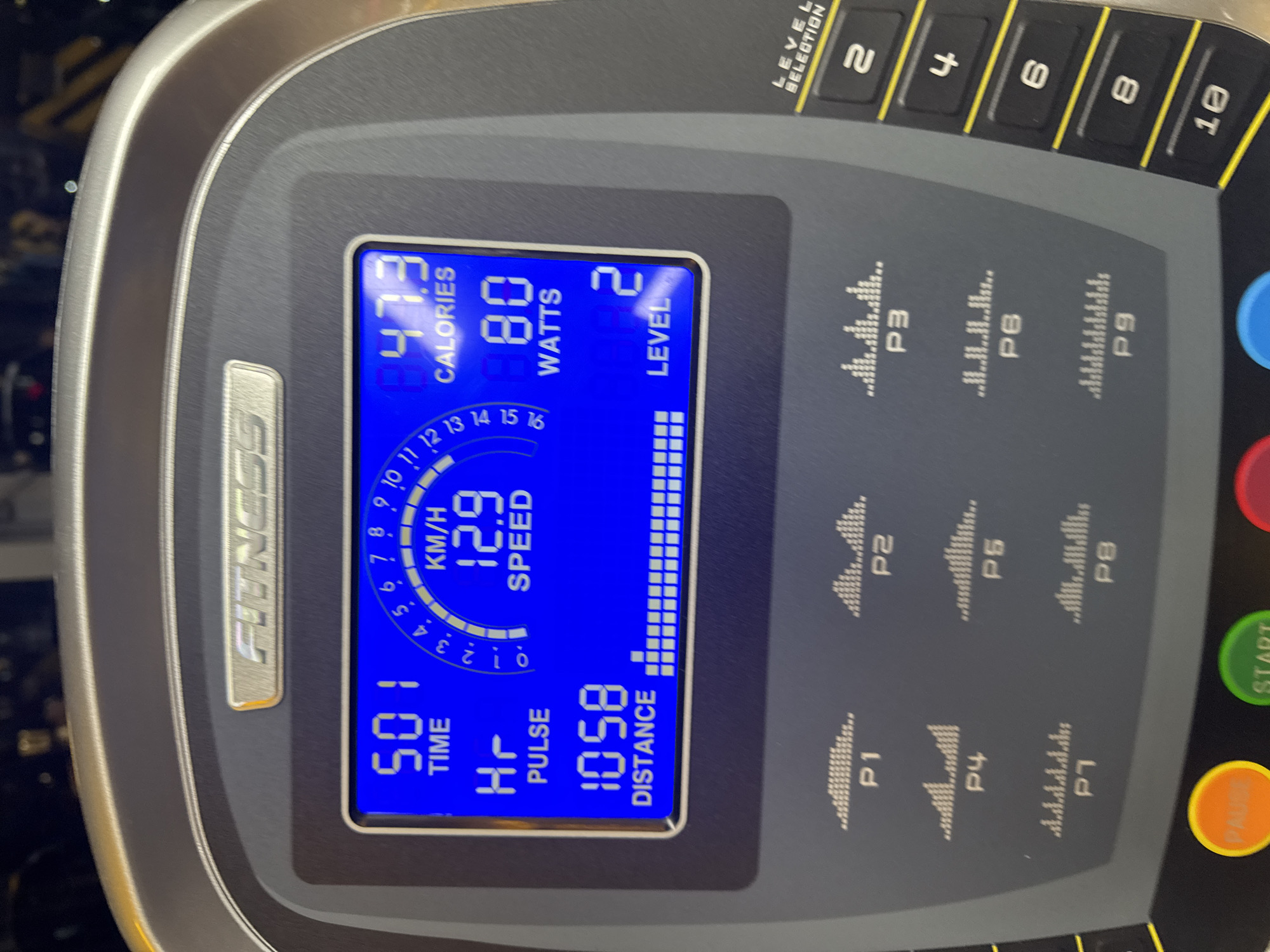 The image shows a close-up of a digital display screen on an exercise machine, likely a treadmill or elliptical. The screen is blue and displays various workout metrics in white and blue text.
On the left side of the screen, "TIME" is displayed with the value "501" (likely minutes or seconds). Below this, "PULSE" is shown with the value "HR" above it. Further down, "DISTANCE" is displayed with the value "1058". To the right of the distance, a series of bars visually represents progress or distance covered.
In the center of the screen, there's a semi-circular gauge with numbers 0 through 16. Below the gauge, "KM/H" is shown with the value "12.9" and "SPEED" below that.
On the right side of the screen, "CALORIES" is displayed with the value "847.3". Below this, "WATTS" is shown with the value "80". At the bottom right, "LEVEL" is displayed with the value "2".
Below the main display, there are several program indicators labeled P1 through P9, each with a graphical representation of a workout profile.
At the bottom of the image, there are several buttons visible: a yellow "PAUSE" button, a green "START" button, and a blue button. To the right of these, there are buttons for "LEVEL SELECTION" numbered 2, 4, 6, 8, and 10.
The background is dark and out of focus, suggesting the image was taken in a gym or fitness center. There is no discernible information in the image that would indicate the location of Almaty, Kazakhstan.