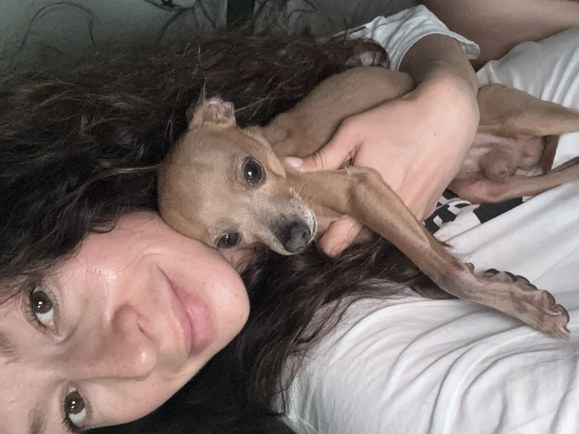 A medium shot captures a woman with dark, curly hair holding a small, light brown dog. The woman is positioned in the foreground, with her face slightly turned towards the camera, offering a gentle smile. Her eyes are open, and her left hand is visible, gently supporting the dog. The dog, a chihuahua or similar breed, is held close to the woman's chest, with its head peeking out. It has large, expressive eyes and its ears are pointed upwards. The dog's front paws are resting on the woman's arm and shoulder. Both subjects are wearing casual clothing, with the woman in a white t-shirt. The background is softly blurred, suggesting an indoor setting. The lighting is subdued, creating a warm and intimate atmosphere. The image was taken in Chaikovsky, Russia.
