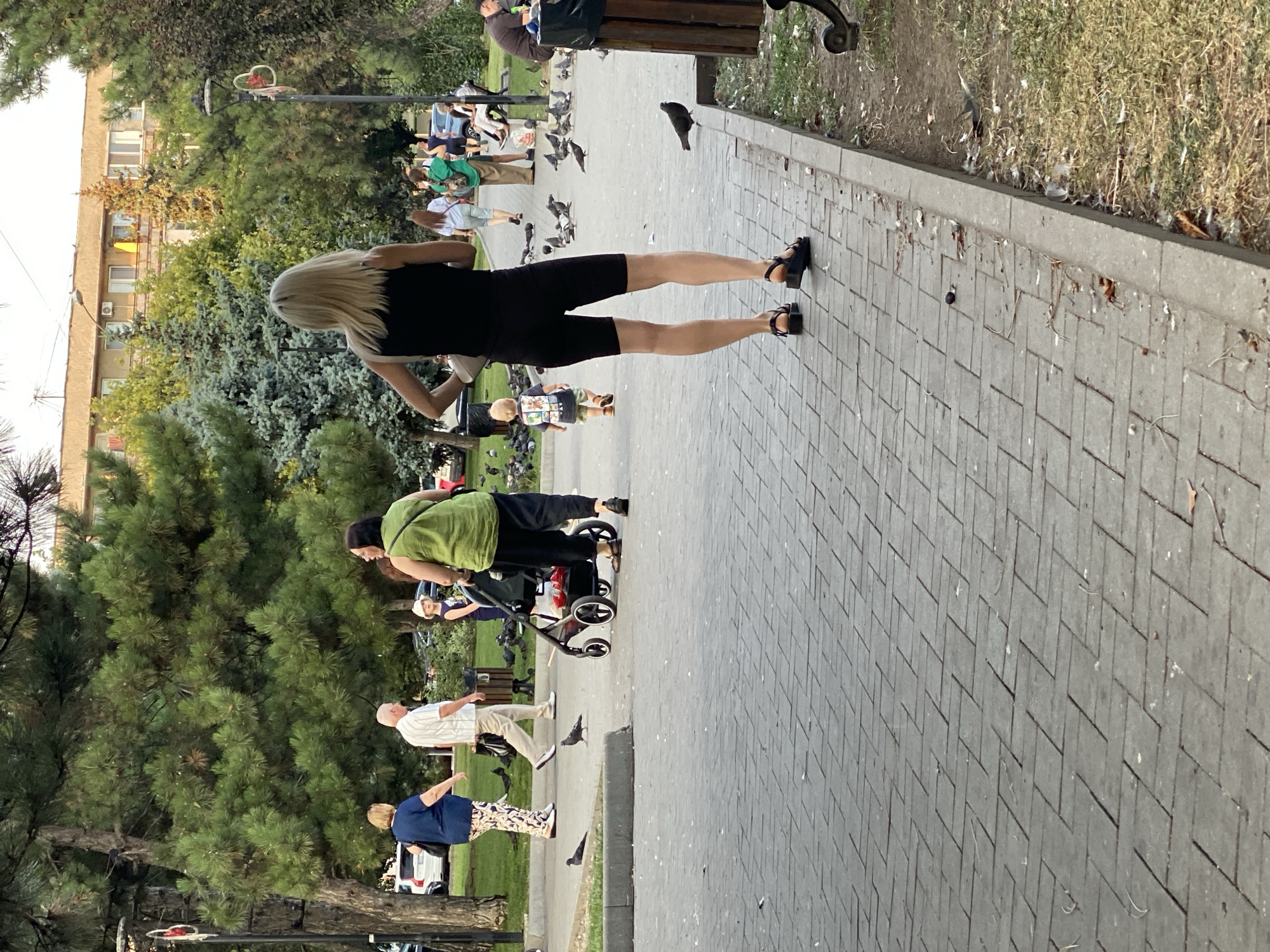 The image depicts a public park area in Chișinău, Moldova, with people walking on a paved walkway. In the foreground, a woman with blonde hair wearing a black sleeveless top and black shorts walks away from the camera, her back to the viewer. She is wearing black sandals. To her left, a young child in a t-shirt and shorts walks in the same direction. Further back, a woman in a green top pushes a stroller, accompanied by a small child. To their left, a couple walks together; the woman wears a blue top and patterned trousers, and the man wears a striped shirt and light-colored trousers. The park is surrounded by trees and features benches and trash receptacles. Pigeons are visible scattered across the walkway and grass. Buildings are visible in the background.