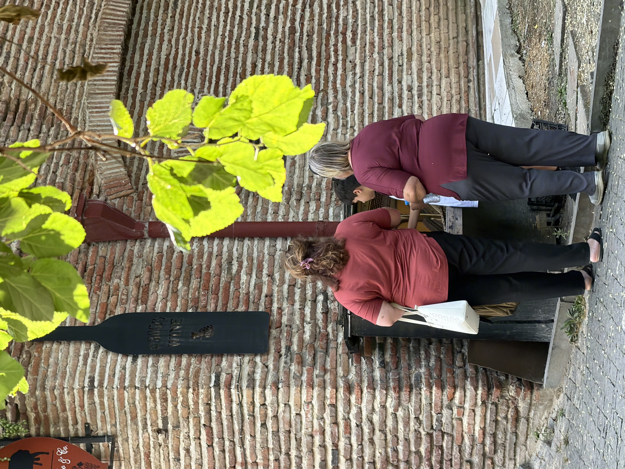 In the city of Tbilisi, Georgia, three individuals are standing in front of a weathered brick building. The building features a dark, bottle-shaped metal sign with the words "GRAFF WINE" cut out, revealing a silhouette of a cat behind it. A red gutter pipe runs down the side of the building.
Two women and a child are visible from behind. The woman on the left wears a reddish-pink t-shirt and black pants, carrying a white tote bag. The woman on the right is dressed in a maroon t-shirt and grey pants. The child, between the two women, wears a white shirt. They appear to be interacting with an object or display in front of the building, possibly a table or counter.
The ground in front of them is paved with interlocking stones, and scattered debris, possibly leaves or seeds, is visible. Lush green leaves of a tree hang from the top of the frame, partially obscuring the scene. The overall atmosphere suggests a warm, possibly sunny day.