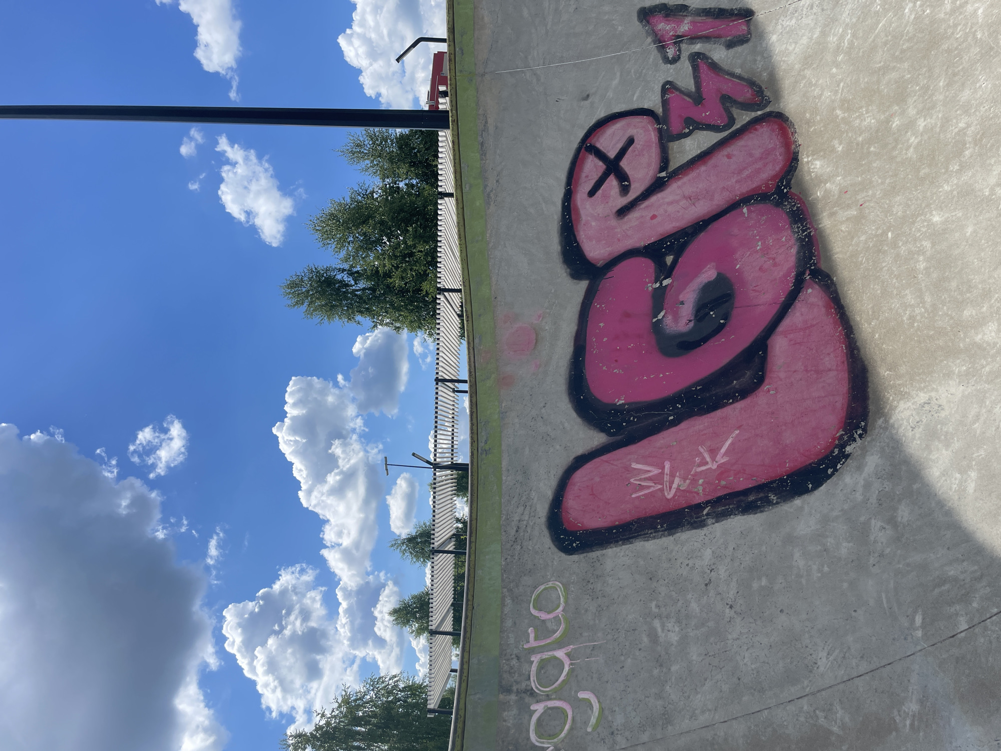 The image shows a concrete skatepark under a bright blue sky with fluffy white clouds. The skatepark has graffiti art on its curved walls. On the left side of the wall, the word "gato" is written in pink and green spray paint. In the center and right of the frame, a large graffiti tag in pink with black outlines dominates the scene. The tag appears to spell out "LGF." Within the graffiti, there are some smaller white markings, including what looks like the letter "W". The background shows a line of trees and a white pergola structure. A dark lamppost stands tall on the right side of the image. The sun is casting shadows on the concrete surface.