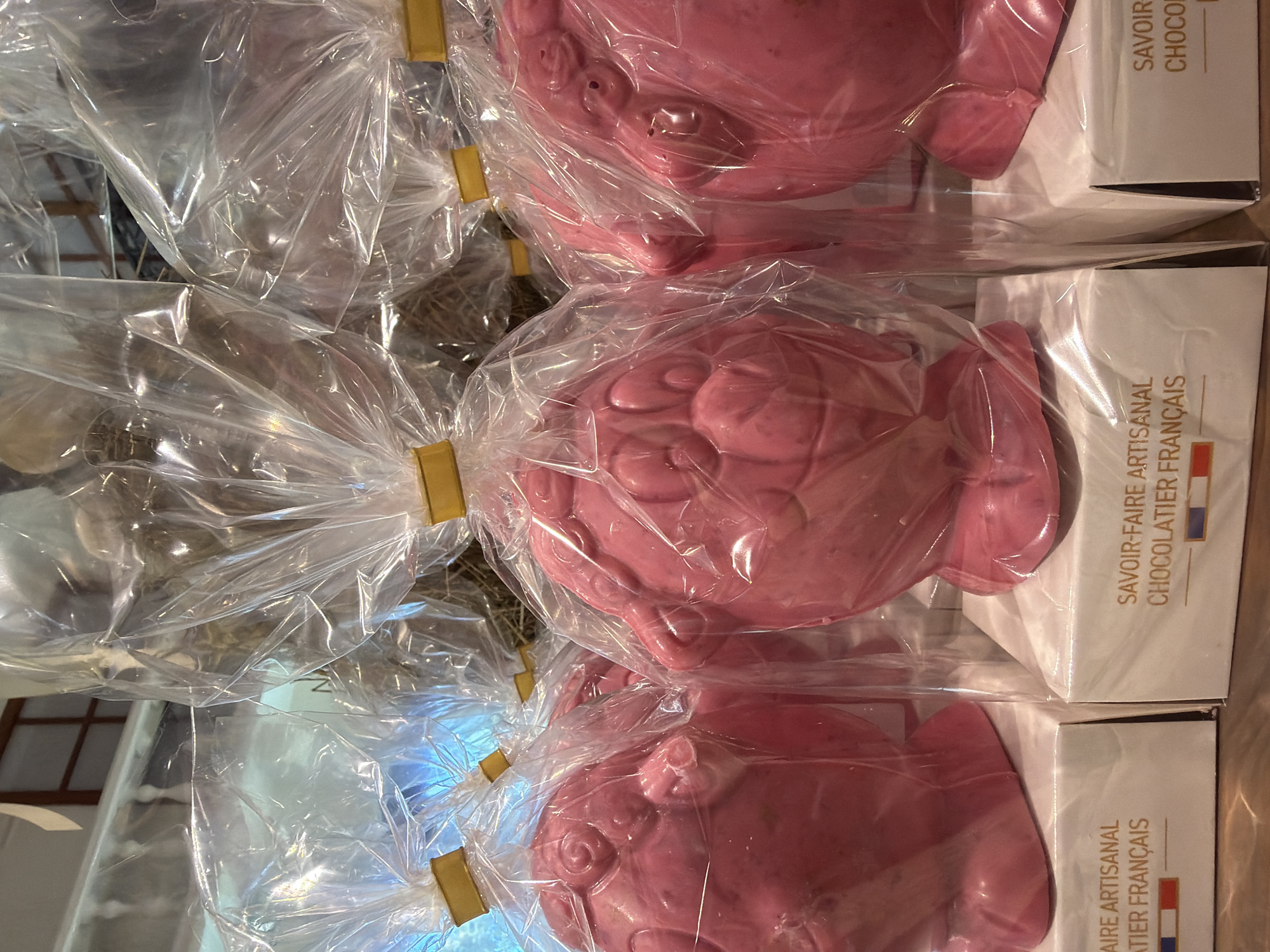 The image depicts three stacks of pink chocolate fish in clear plastic wrapping. Each fish is in a white box labeled "SAVOIR-FAIRE ARTISANAL CHOCOLATIER FRANÇAIS" with a French flag. The location is Illkirch-Graffenstaden, France.