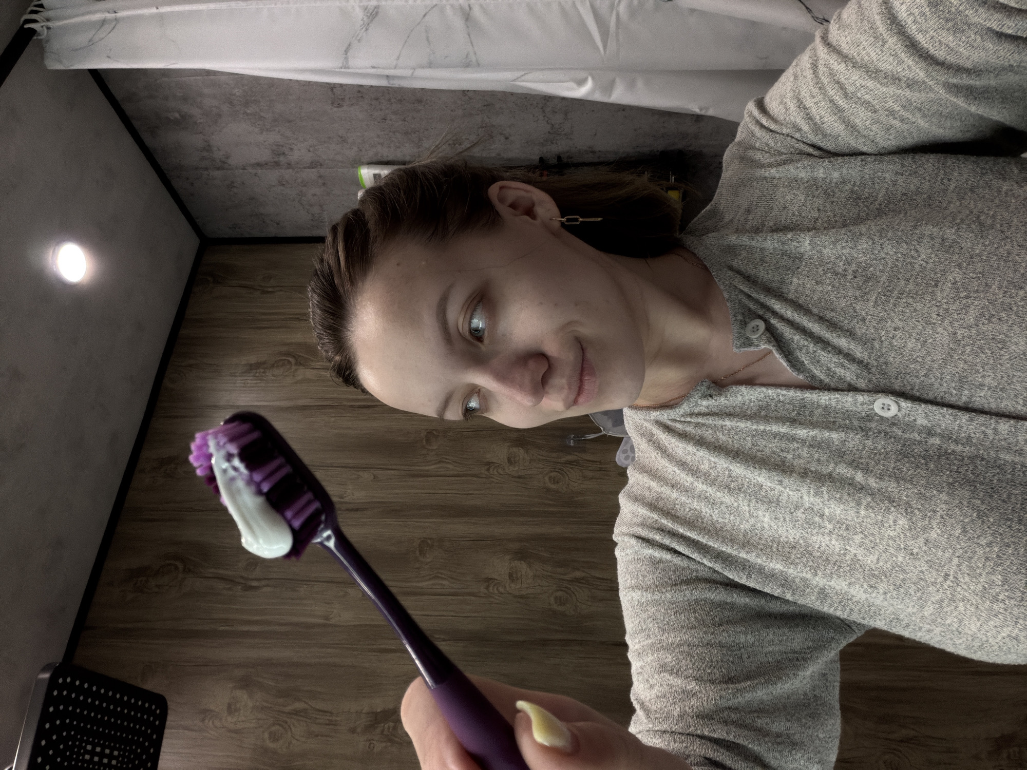 A woman in a grey button-down sweater stands in what appears to be a bathroom. She holds a purple toothbrush with white toothpaste on the bristles. The background includes a wood-patterned wall, a grey wall with a light fixture, and a shower curtain rod. The location is Reshetnikovo, Russia.