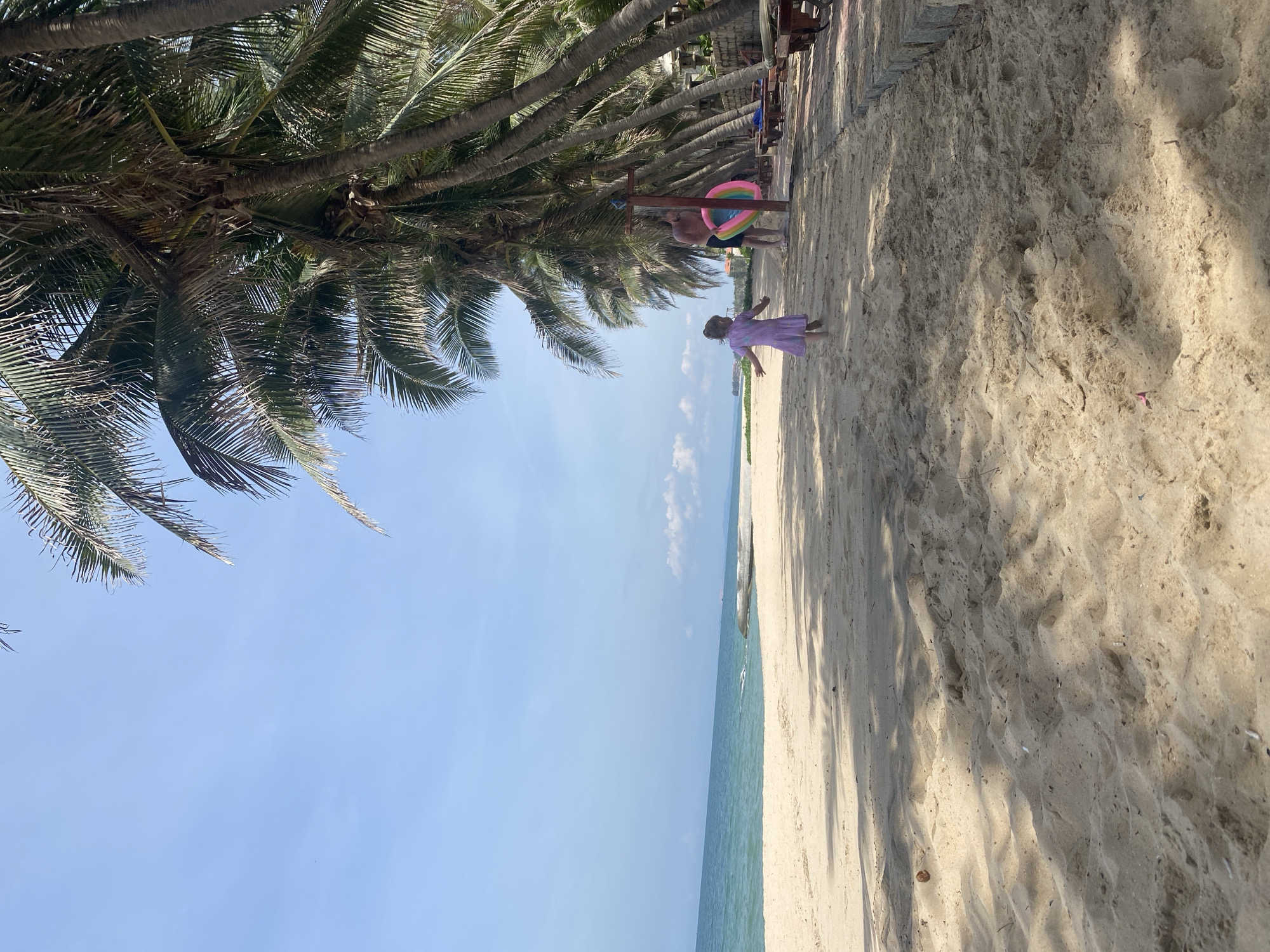 The image depicts a sunny day at a beach in Phu Thuy Ward, Vietnam, characterized by a clear blue sky and gentle waves lapping the sandy shore. A line of tall palm trees with lush fronds creates a shaded pathway along the beach, casting dappled shadows on the sand. In the foreground, the sand is textured with ripples and footprints, indicating recent activity.
Further into the scene, a young child, wearing a purple dress, is walking away from the camera towards the palm trees. Behind the child, a man stands near an outdoor shower, holding a colorful inflatable ring. Several lounge chairs are visible further down the beach, suggesting a resort or public beach area. The ocean stretches out to the horizon, meeting the sky in a soft line, with a subtle white cloud formation in the distance. The overall atmosphere is serene and leisurely, capturing a moment of a family enjoying a tropical beach day.