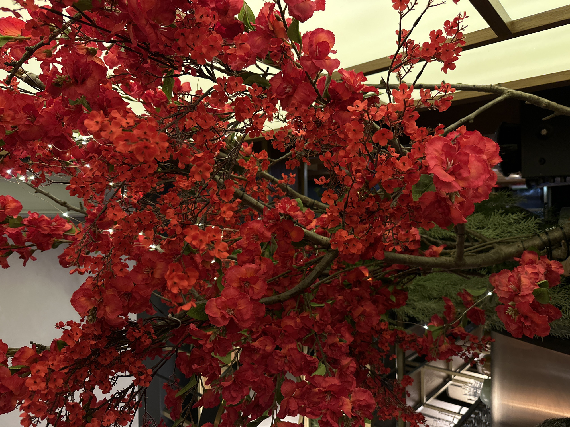 A close-up, high-angle shot displays a dense arrangement of red flowers interspersed with green foliage. The flowers are densely packed and appear to be artificial. Bare branches are seen among the flowers. The background features a pale ceiling with recessed lighting and glimpses of what appear to be metallic fixtures and stainless steel equipment, suggesting the location could be an indoor space within a commercial establishment, such as a restaurant. There is no indication that this image was taken in Ovoshchnoy, Russia.