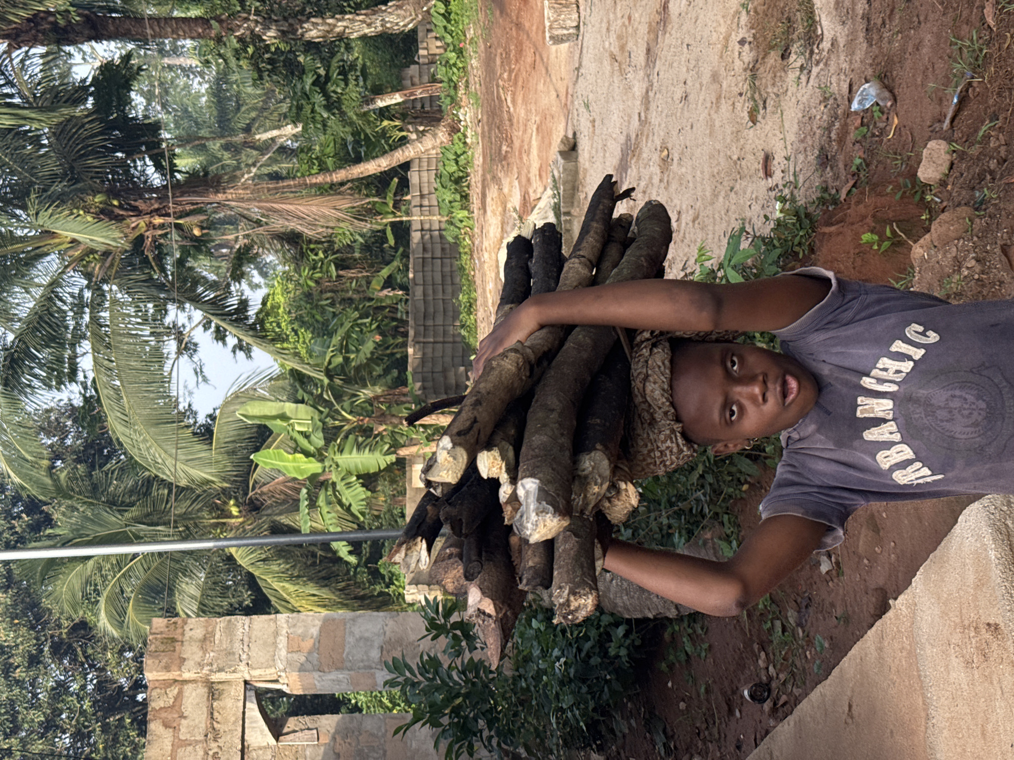 A person is carrying a large bundle of cut wooden poles or logs across their shoulders. The person is wearing a dark-colored shirt with white lettering. They have a patterned scarf or head covering. The surrounding environment includes palm trees, other tropical vegetation, and a partially constructed brick building. There's a dirt or partially paved ground surface. A small amount of trash is visible on the ground. The location is Eziudo, Nigeria.