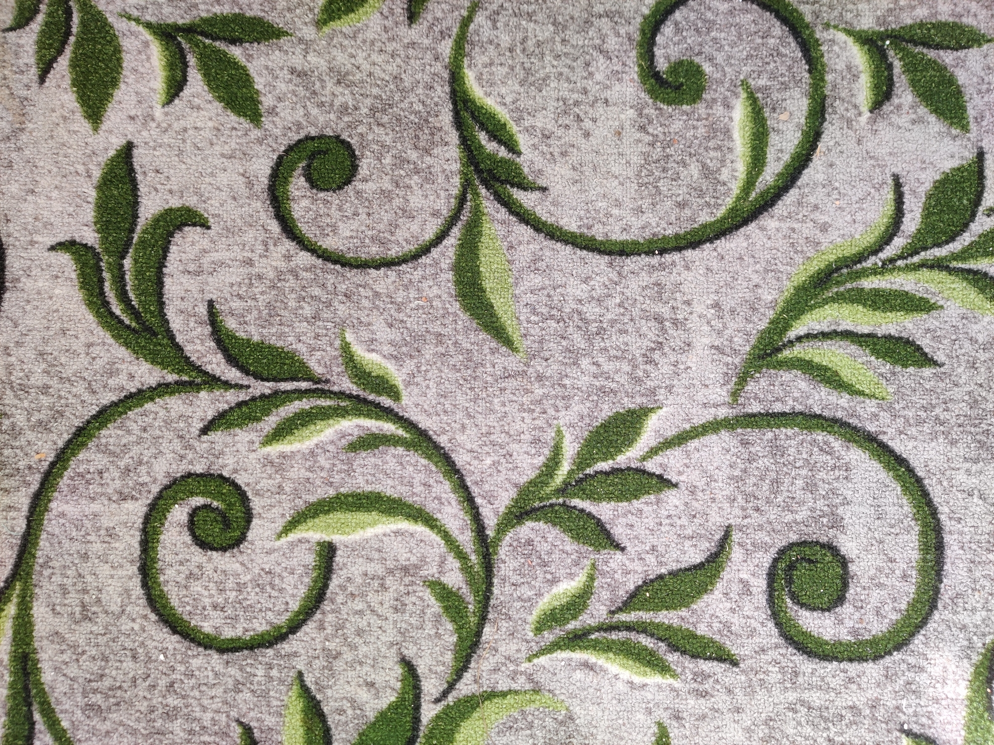 The image is a close-up, top-down view of a carpet with a green floral and swirl pattern on a grey background. The pattern consists of stylized leaves and curling vine-like elements. The texture of the carpet is clearly visible, with individual fibers creating a slightly fuzzy appearance. There are no people or animals in the image, and the setting is abstract due to the close cropping of the pattern. The carpet is likely indoors.