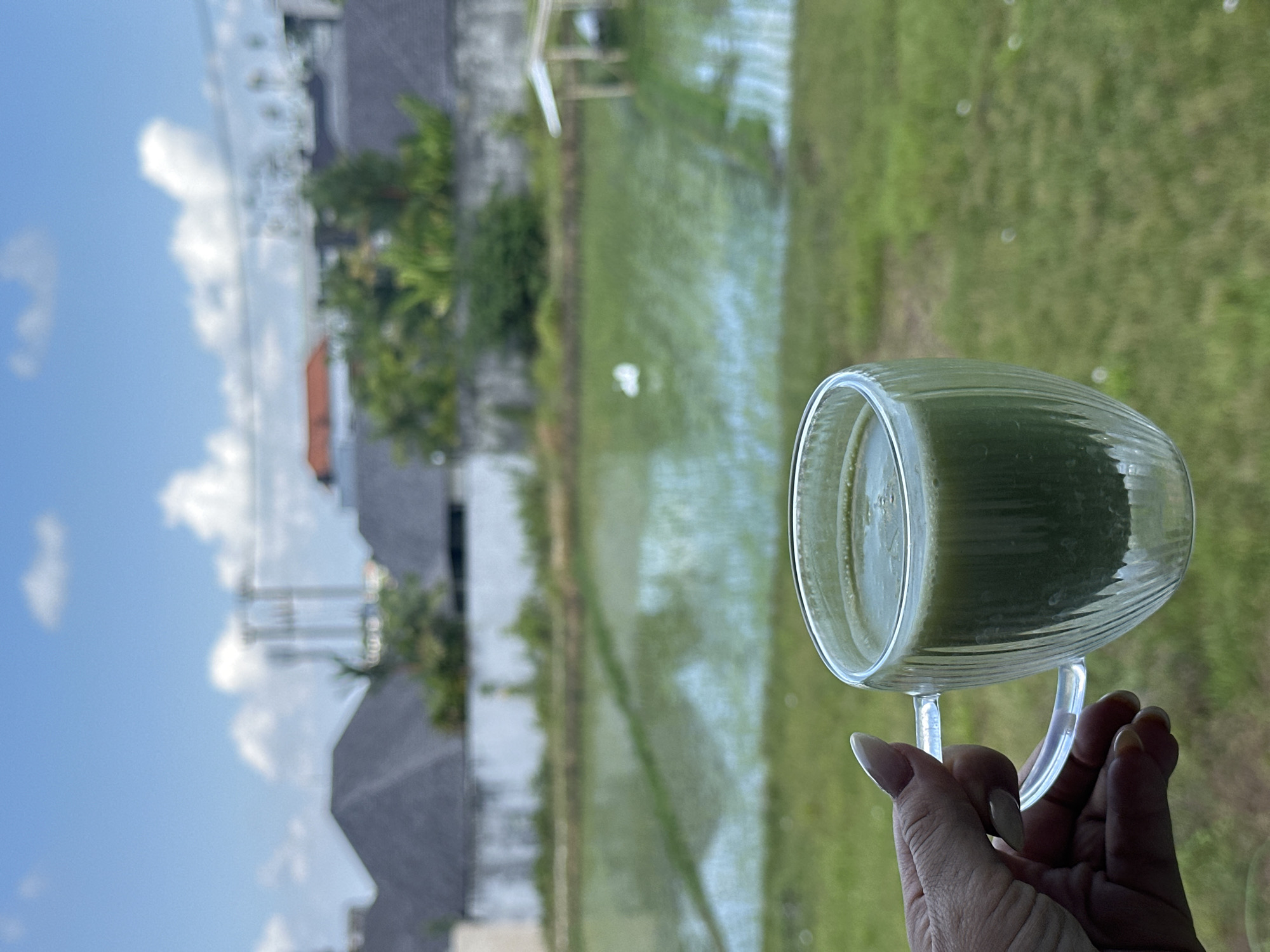 In North Kuta, Indonesia, a hand with manicured fingernails holds a clear glass mug filled with a green beverage, likely a smoothie or juice. The mug has a ribbed texture. The background is a blurred view of a rice paddy, with reflections of the sky and some greenery. Beyond the paddy, there are buildings with dark, sloped roofs, a white wall, and lush green trees. In the distance, a hazy sky with white clouds is visible, along with some tall structures that might be utility poles or unfinished buildings. A small, open-sided shelter with a wooden frame and thatched roof sits near the edge of the rice paddy. The overall scene suggests a tranquil, possibly rural setting within or near a developed area.