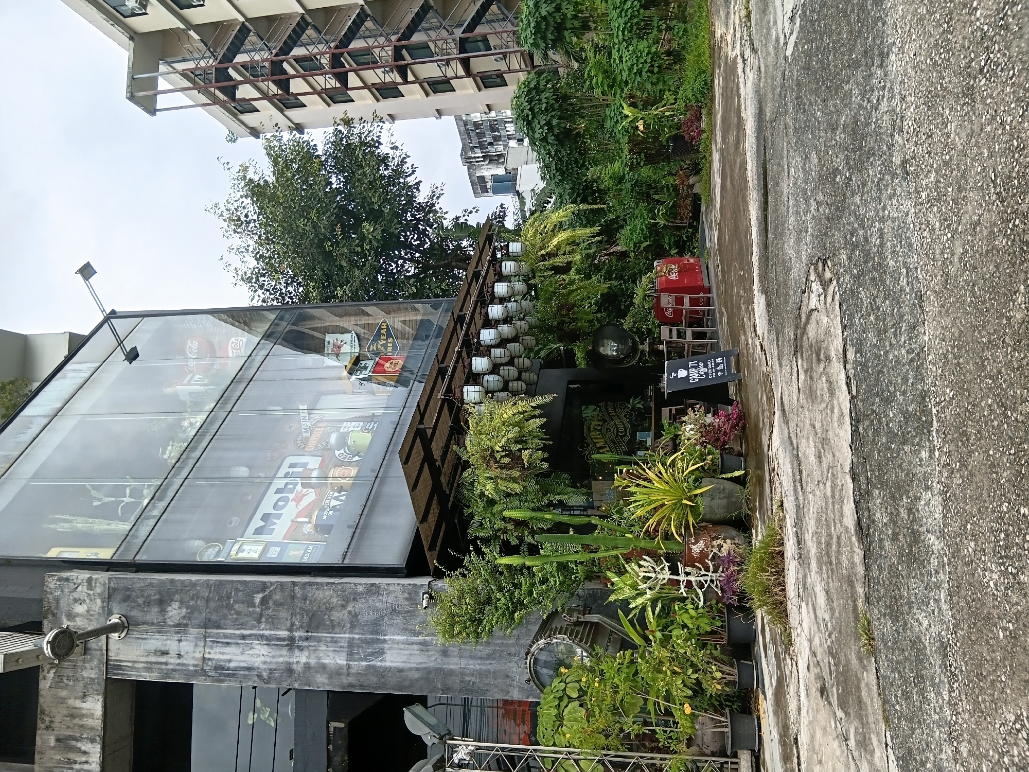 The image shows the exterior of a building with a large glass facade in Chiang Mai City Municipality, Thailand. The building has a rough, concrete exterior. The glass facade displays vintage advertisements for brands like Mobil, Indian, and Coca-Cola. In front of the building, there is an outdoor seating area with plants, including potted cacti, ferns, and other greenery, as well as outdoor lighting fixtures. Several Coca-Cola branded refrigerators are also visible. Beyond the building, another apartment building with an external fire escape is visible. The ground in front of the building is paved with concrete, showing signs of wear and tear. The sky is overcast.