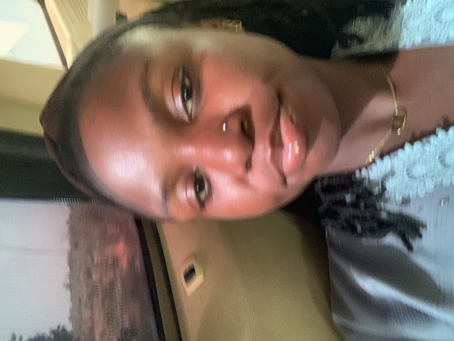 The image depicts a close-up selfie of a single individual, a young woman with dark skin and dark hair styled with visible braids or locs, pulled back from her face. She is positioned inside what appears to be a vehicle, with part of the light brown/tan interior ceiling visible. She wears a light-colored, possibly light blue or grey, top with a white lace-like trim around the neckline. A delicate gold-colored chain necklace with two interlocking rectangular or oval pendants is visible on her neck. Her right nostril features a small, light-colored nose stud. Her lips are full and appear glossy. She looks directly towards the camera.
Through a window to the upper left, an out-of-focus outdoor landscape is visible, characterized by dry, sparse, reddish-brown vegetation, consistent with an arid or semi-arid environment. The lighting on the woman's face suggests an internal light source, creating highlights on her forehead, nose, and lips. The specific location within the city of Gadam, Nigeria, cannot be determined from the visual information provided in the image.