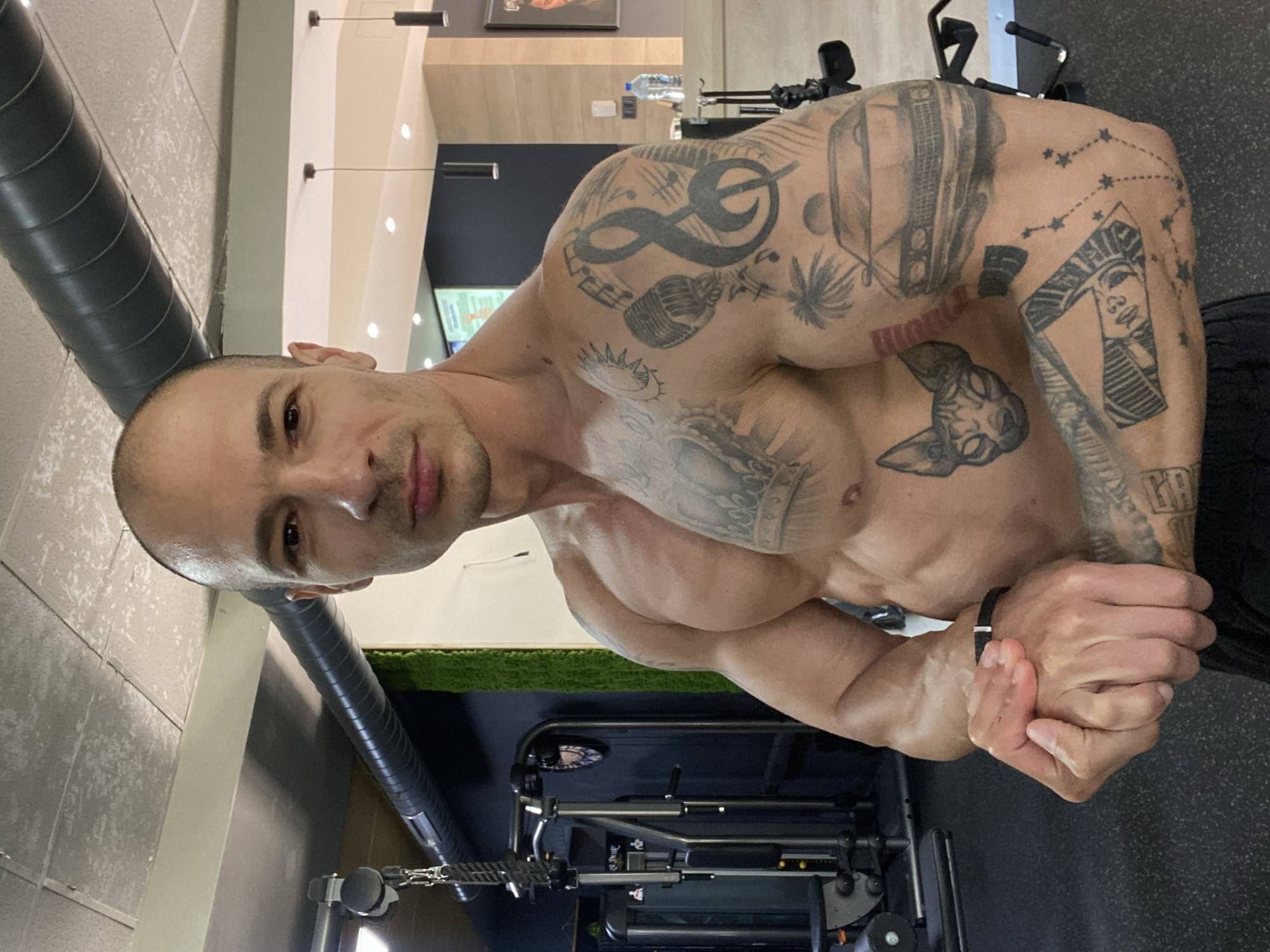 A shirtless man with numerous tattoos on his arms and upper body is posing in a gym. The tattoos appear to include musical notes, a cat, and an Egyptian pharaoh. He is wearing a black wristband on his left wrist. The background reveals gym equipment, including a cable machine. The specific location in Pleven, Bulgaria, is not discernable from the image.