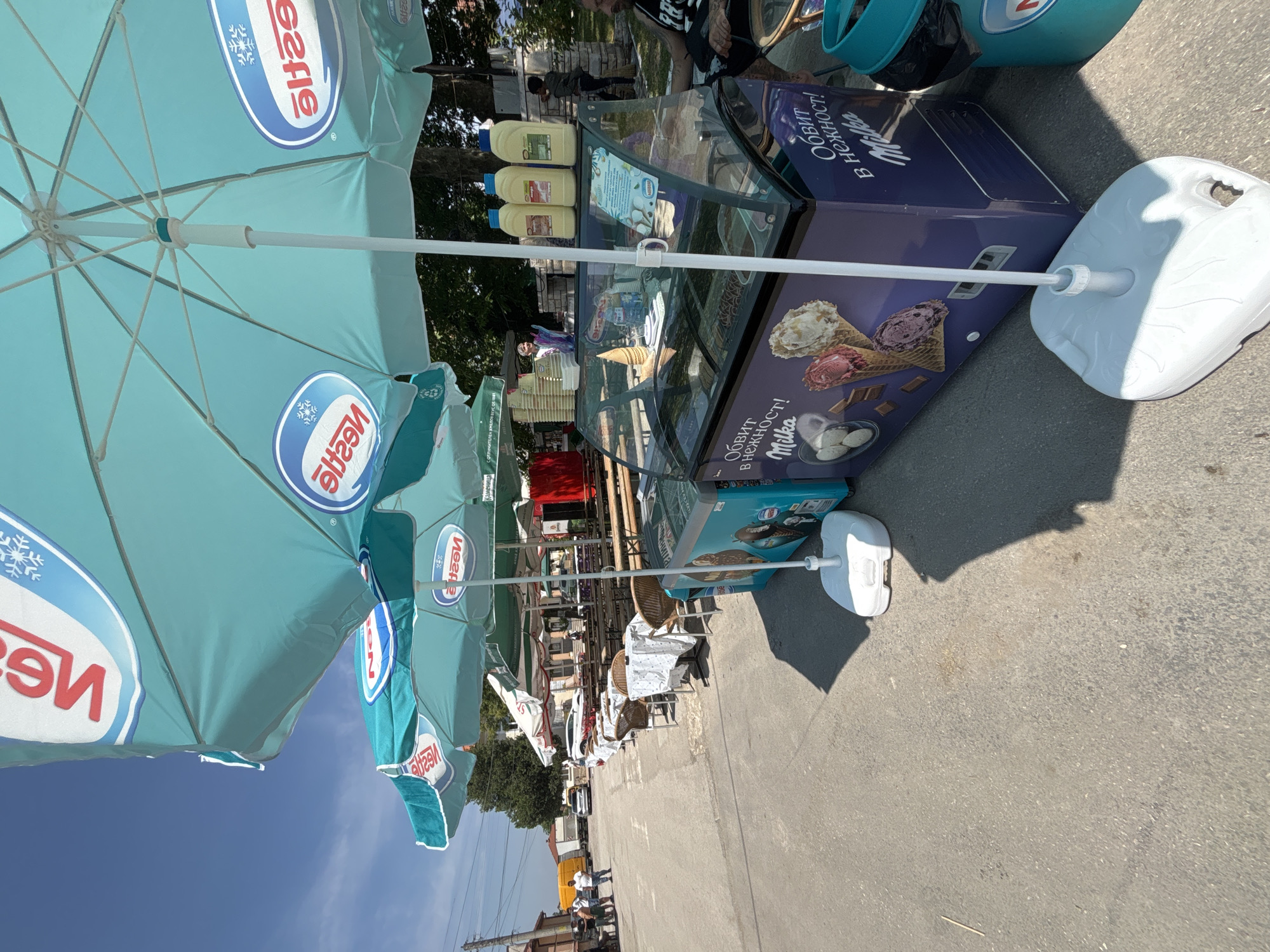 The image depicts an outdoor street scene in Kostievo, Bulgaria, on a clear, sunny day, likely functioning as a market or open-air cafe area. The foreground is dominated by a series of three teal-colored outdoor umbrellas, each featuring the white and red Nestlé logo (reversed as viewed from below); one umbrella also displays a snowflake icon. These umbrellas are supported by white poles set in white plastic bases on the asphalt pavement.
Beneath the central umbrella, a purple-colored ice cream display freezer with a glass top is prominent. The freezer is branded with "Milka" and bears the Cyrillic text "ОБИТ В НЕЖНОСТ!" (translated as "Love in tenderness!" or "Indulgence in tenderness!"), alongside images of ice cream cones and scoops. The glass display case showcases various ice cream flavors. On its surface, three yellow plastic bottles (likely sauces or toppings), a stack of clear plastic cups, a small bottle of water, and some paper signs (one with the Nestlé logo) are arranged. To the left of this, a teal-colored freezer, also with Nestlé branding, is partially visible. To the right of the purple freezer, a teal-colored trash can with a black liner is partially visible.
To the right of the ice cream stand, a dark-haired man with visible tattoos on his right arm is seated at a small, round, light-colored outdoor table, facing away from the camera. Extending into the midground along the right side of the street are rows of outdoor seating arrangements. These include smaller tables with white checkered tablecloths and wicker chairs, as well as longer wooden picnic-style tables and benches, all positioned under additional outdoor umbrellas (some white, some teal).
On the left side of the paved street, a group of people stands near a building with a light-colored facade. Further down the street, additional individuals are visible, including one person near a stone wall and trees. Several vehicles are present on the street: a yellow delivery van, a white car, and a white truck are visible in the distance. Green trees are interspersed throughout the scene, casting shadows, and the sky is clear blue with minimal cloud cover.