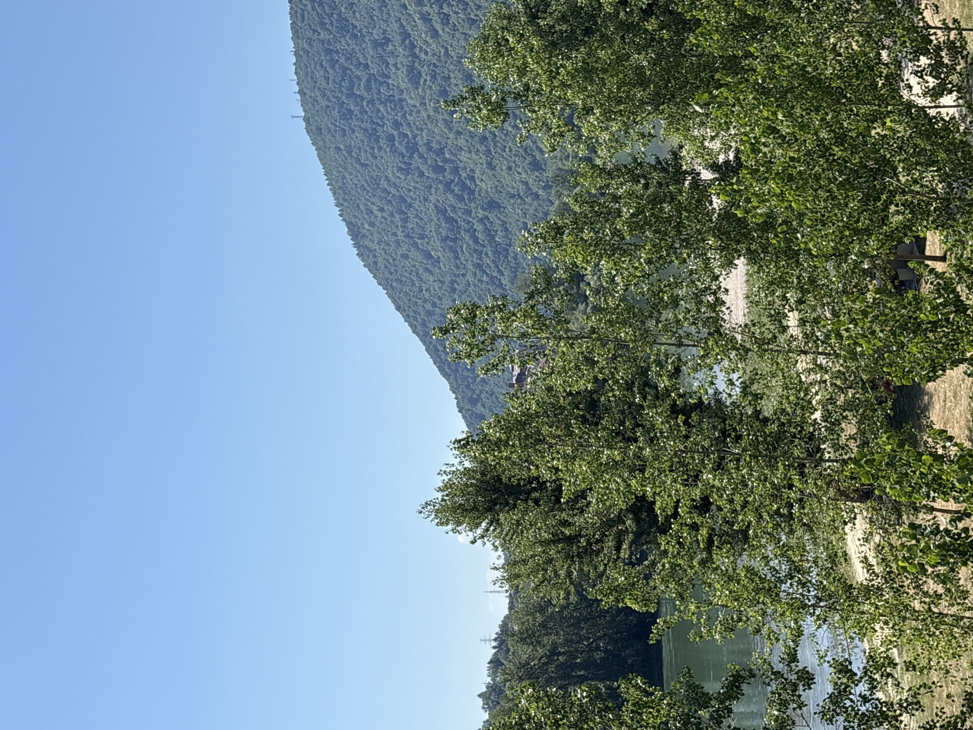 This media file captures a serene outdoor scene near Zvornik, Bosnia and Herzegovina. The image is oriented vertically, with the sky taking up the left portion of the frame and a lush green landscape to the right. A large, densely forested mountain dominates the upper right quadrant, its slopes covered in a carpet of trees. In the foreground and mid-ground, leafy green trees with bright, vibrant foliage are prominent, partially obscuring a body of water and a sandy bank. The water appears calm and reflects the surrounding greenery. The scene suggests a warm, sunny day, likely late morning or early afternoon, given the clear blue sky and the bright lighting. There are no people or specific objects clearly visible, but the presence of trees and water indicates a natural setting, possibly a park, a lakeside recreational area, or a riverbank. The overall mood is peaceful and natural, evoking a sense of tranquility and the beauty of the outdoors. The image does not contain any visible text.