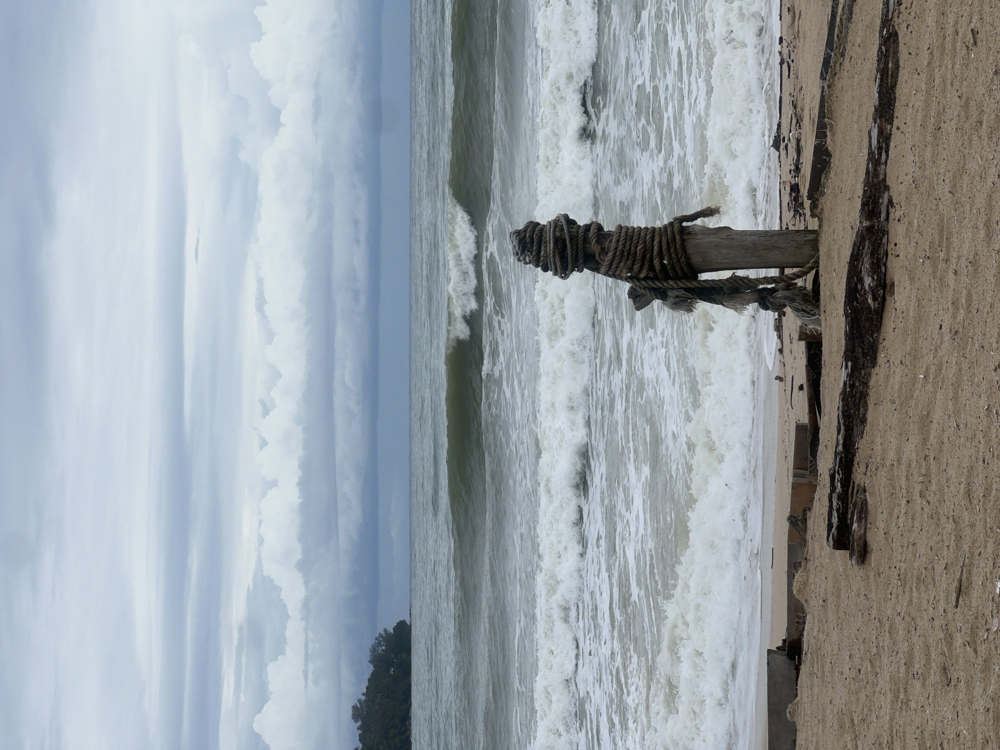 The image depicts a serene beach scene with a weathered wooden post in the foreground, wrapped with thick rope. The post stands on a sandy beach littered with driftwood and debris. In the background, the ocean churns with white-capped waves under a cloudy sky, hinting at overcast weather. A distant, tree-covered landmass is visible on the left horizon. The scene appears to be in a coastal area, likely during the day, with no people present.