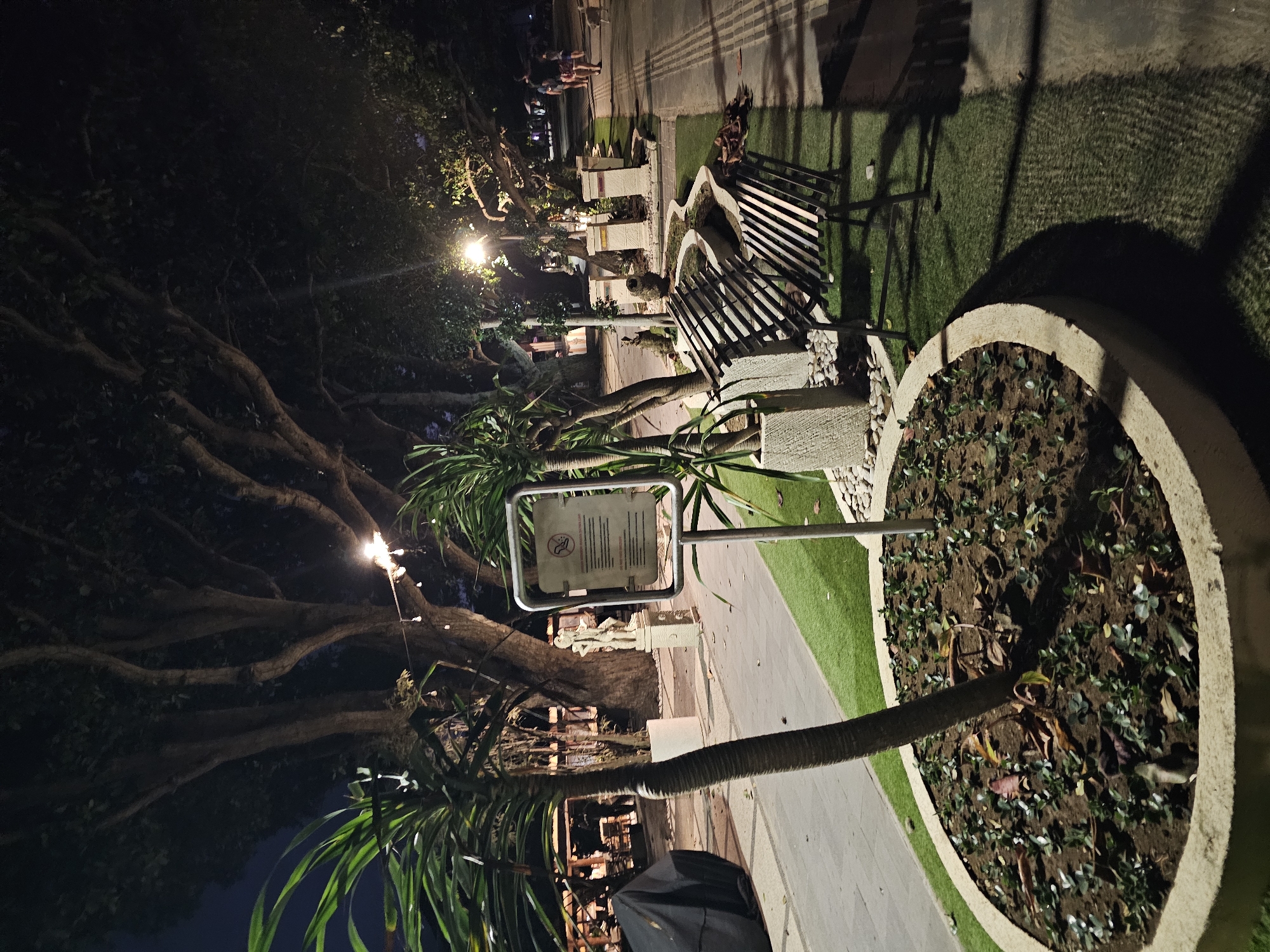 The image depicts an outdoor scene at night, likely a promenade or park area in Denpasar, Indonesia, indicated by the style of architecture and vegetation. In the foreground, a circular planter bed contains a young palm tree and several small plants, with mulch and dried leaves scattered around its base. To the right of the planter, a bench made of dark metal and wooden slats is positioned on an artificial turf surface. A signpost with a white square sign is visible, displaying an image of a cigarette with a red line through it and text below, suggesting a no-smoking area.
Behind the planter and bench, a paved walkway extends into the distance. Large trees with dark foliage and substantial trunks line the walkway, some adorned with string lights that cast a warm glow. Further down the walkway, a streetlamp illuminates the area. Several stone pedestals, some with statues or decorative elements, are spaced along the side of the path.
In the mid-ground, on the left, a covered object, possibly a vehicle or furniture, is obscured by a black tarp. Beyond that, a building with open-air seating, possibly a restaurant or cafe, is visible, with patrons and staff indistinctly present.
In the background, on the right side of the walkway, several people are walking, including two individuals in the rightmost portion of the frame, one of whom appears to be walking a dog. The overall ambiance is that of a well-lit public space at night, designed for relaxation and pedestrian traffic, with elements of landscaping and architectural ornamentation.
