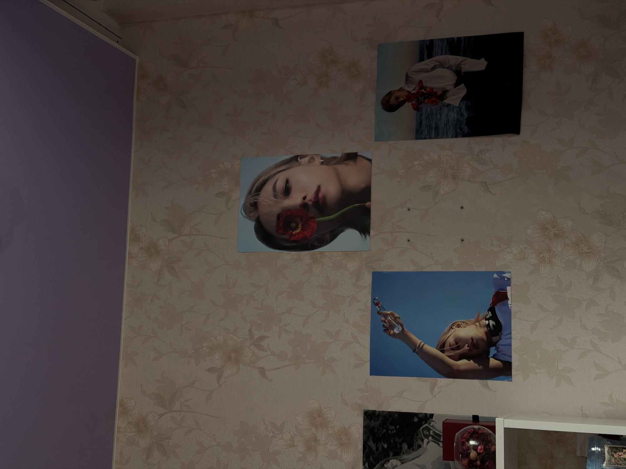 The photograph appears to be taken indoors against a wall covered with a floral patterned wallpaper. Displayed on the wall are three square art prints. The upper right print shows a person in a white shirt holding red flowers against a background of what seems to be water. The middle print is of a person with fair hair and a red flower near their face. The lower print shows someone with fair hair holding what looks like a bottle, with a blue background. At the bottom of the image, portions of a white shelf are visible, containing various items, including a decorative glass dome filled with red objects and what appears to be artwork or books. A large lavender or purple-colored object or surface can be seen on the left side of the frame, possibly a wall or piece of furniture. There is no indication of the city of Perm, Russia in the image.