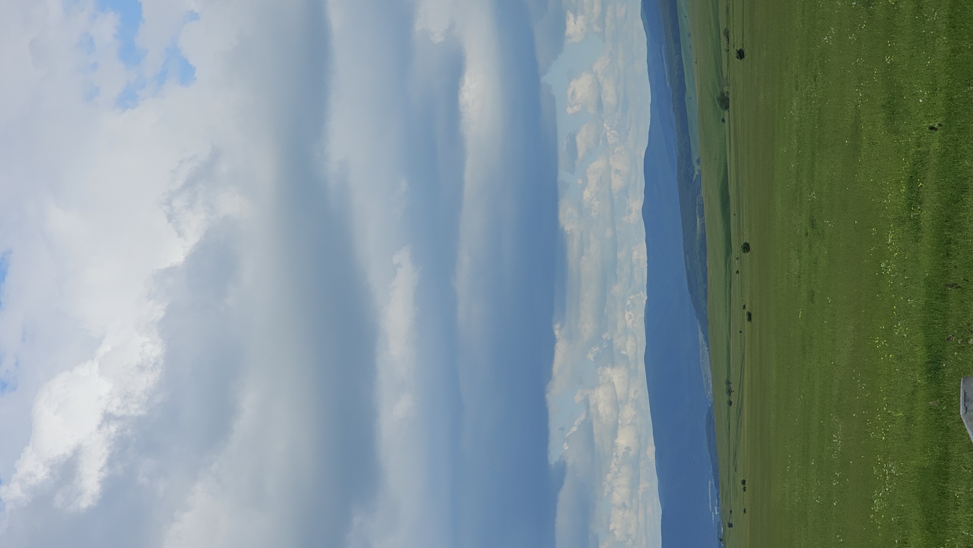 The image depicts a vast, green, rolling landscape under a cloudy sky. The foreground is dominated by a lush green field dotted with small wildflowers. In the middle ground, several scattered trees and bushes break up the uniformity of the field. The background features layers of blue-hued mountains and hills, receding into the distance. The sky is filled with a mix of white and gray clouds, with patches of blue visible through them. The overall impression is one of a tranquil, natural environment. The location is specified as Красный Курган, Russia.