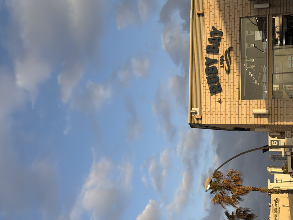 A building with the sign "RUBY BAY" in black lettering on its side, under a cloudy sky. The building is brick-like with windows reflecting the sky. A street lamp on a curved pole is next to the building, and a palm tree stands nearby. Distant high-rise buildings are visible in the background.