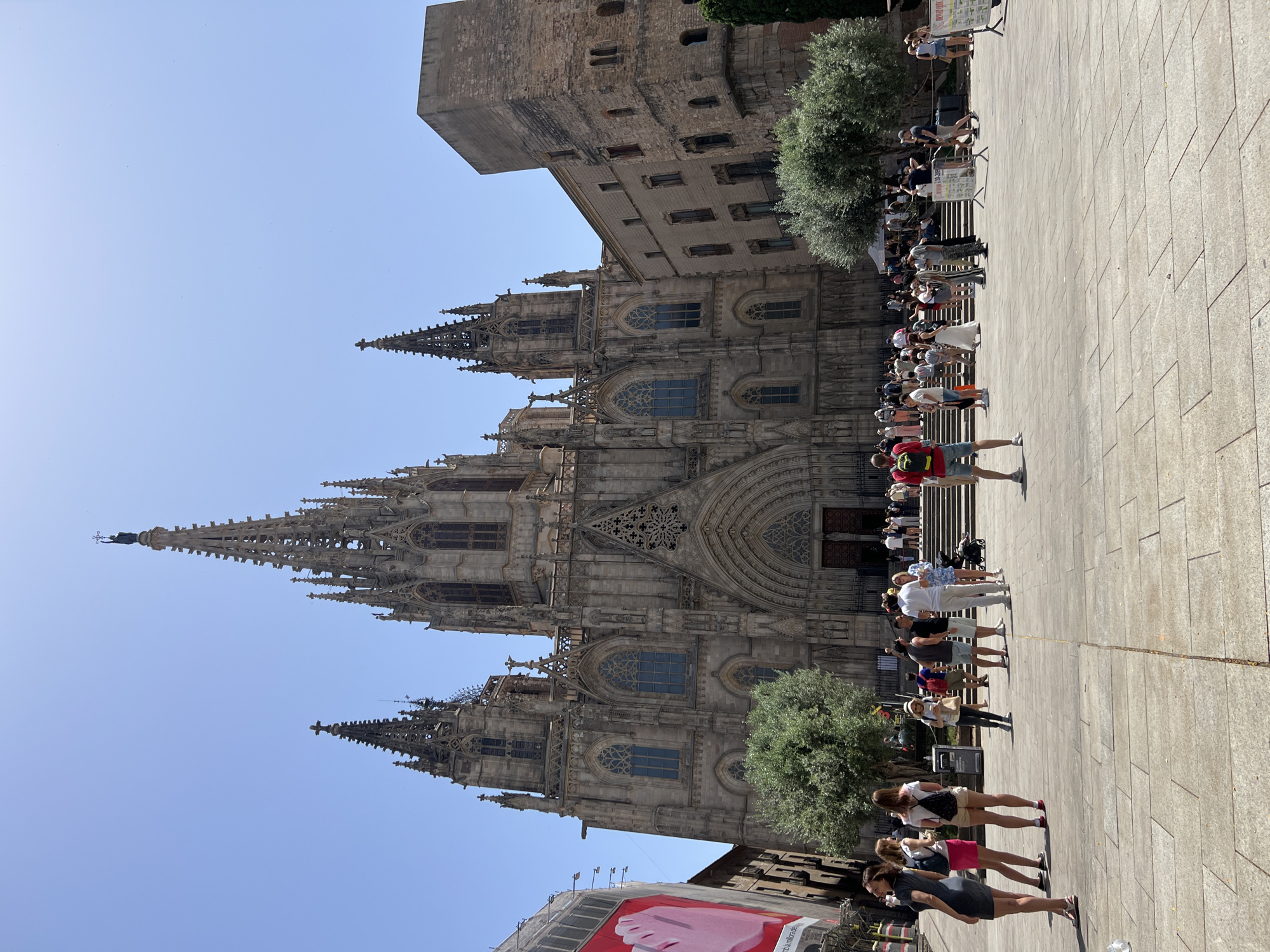 The image shows the Barcelona Cathedral in Barcelona, Spain. The cathedral is a large Gothic building with intricate stone carvings and towering spires. In front of the cathedral is a large plaza paved with stone tiles. A crowd of people, dressed in casual summer clothing, are gathered in the plaza, some walking, some standing and talking, and some looking at the cathedral. Several trees are planted in the plaza, providing shade. To the left of the cathedral is a tall building with a large red banner on its side. The sky is clear and blue.