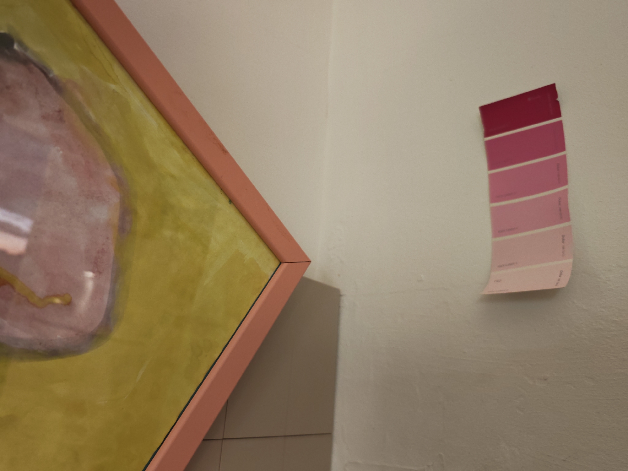 A close-up, indoor shot shows a pink-framed artwork on the left, with a portion of a painting featuring a soft, pinkish-purple shape against a yellow background. On the right, a strip of paint swatches, ranging from deep pink to pale pink, is taped to a white wall. The wall appears textured and shows some minor imperfections. The lighting suggests an indoor setting, possibly a home or an art studio. There are no people or discernible actions in the image. The scene does not provide any information about its location in Sofia, Bulgaria.