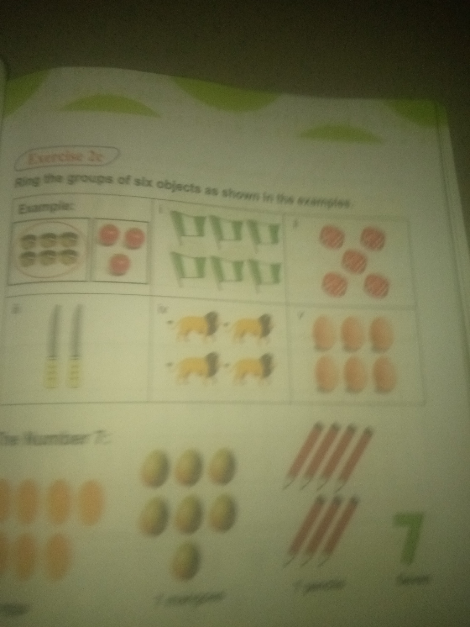 The image is a photograph of a page from a children's workbook. The page contains an exercise labeled "Exercise 2c" with the instruction "Ring the groups of six objects as shown in the examples." The examples include several grids of objects: a grid of what appear to be cookies, a grid of tomatoes, a grid of chairs, a grid of what seem to be knives, a grid of lions, and a grid of eggs. Below these examples, there is a section titled "The Number 7:" which shows groups of objects and the number 7 written in green. The image quality is poor, with blurriness and poor lighting, making it difficult to discern fine details. There are no people visible in the image. There is no information or visual content in the image that relates to the city of Jauro Yinu, Nigeria.