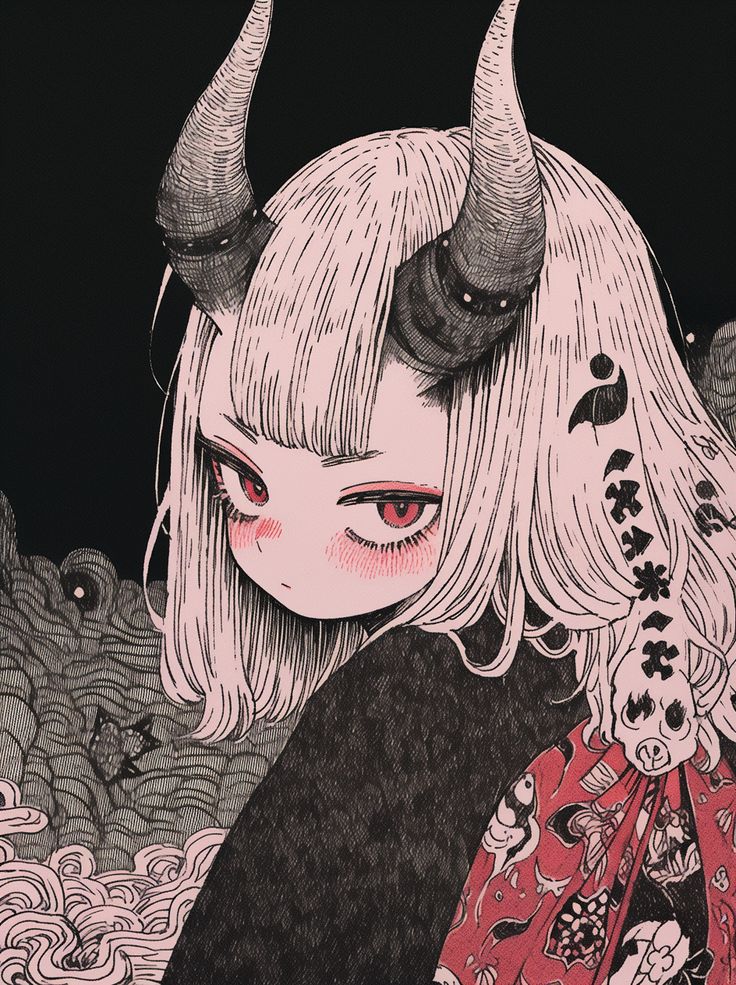 The image depicts a close-up portrait of a female character with long white hair and large, red eyes. She is wearing a dark-colored kimono with red and white floral patterns. The character has two large, black horns extending from the top of her head, and the background features a stylized design reminiscent of dark clouds or swirling smoke. The image is a digital illustration created using line art with black and pink shading. The image is drawn in a style reminiscent of anime and manga. The image is a digital illustration created using line art with black and pink shading. The image is drawn in a style reminiscent of anime and manga. The location of Geneng, Indonesia, with coordinates -7.45472 latitude and 111.427584 longitude, is not relevant to the scene depicted in the image.