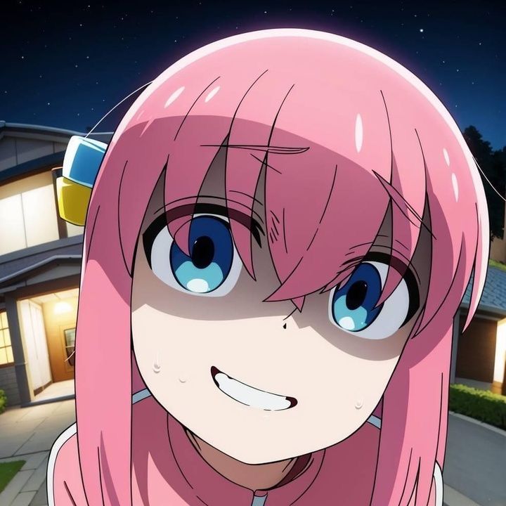 The image depicts a close-up of a female anime character with pink hair and blue eyes. She is smiling, showing her teeth. The character is wearing a pink and white athletic uniform. The background is a blurry nighttime scene of a house and trees with a starry sky. The coordinates provided (-7.45472, 111.427584) are located in Geneng, Indonesia. It is unclear what she is doing, but her expression suggests she might be feeling happy or playful.