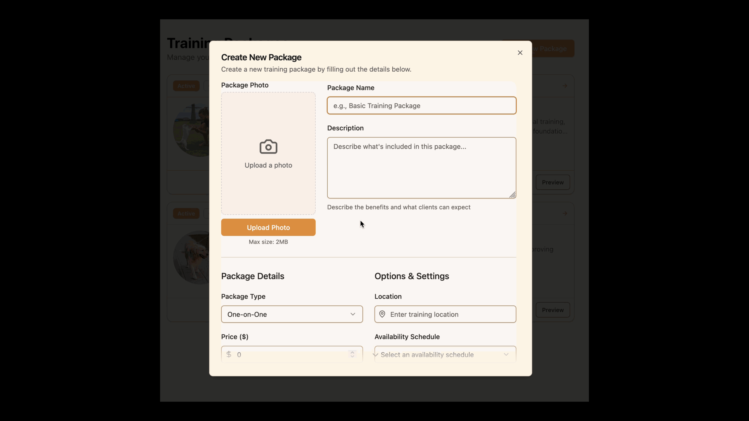 New package button on the packages page