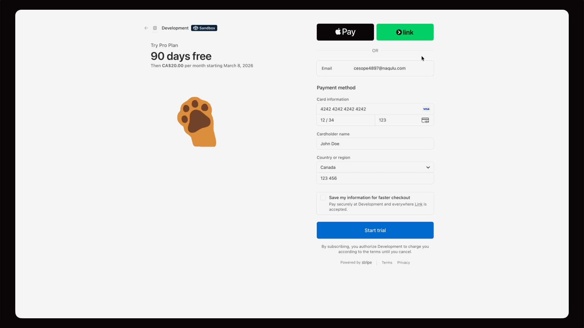 Stripe checkout page