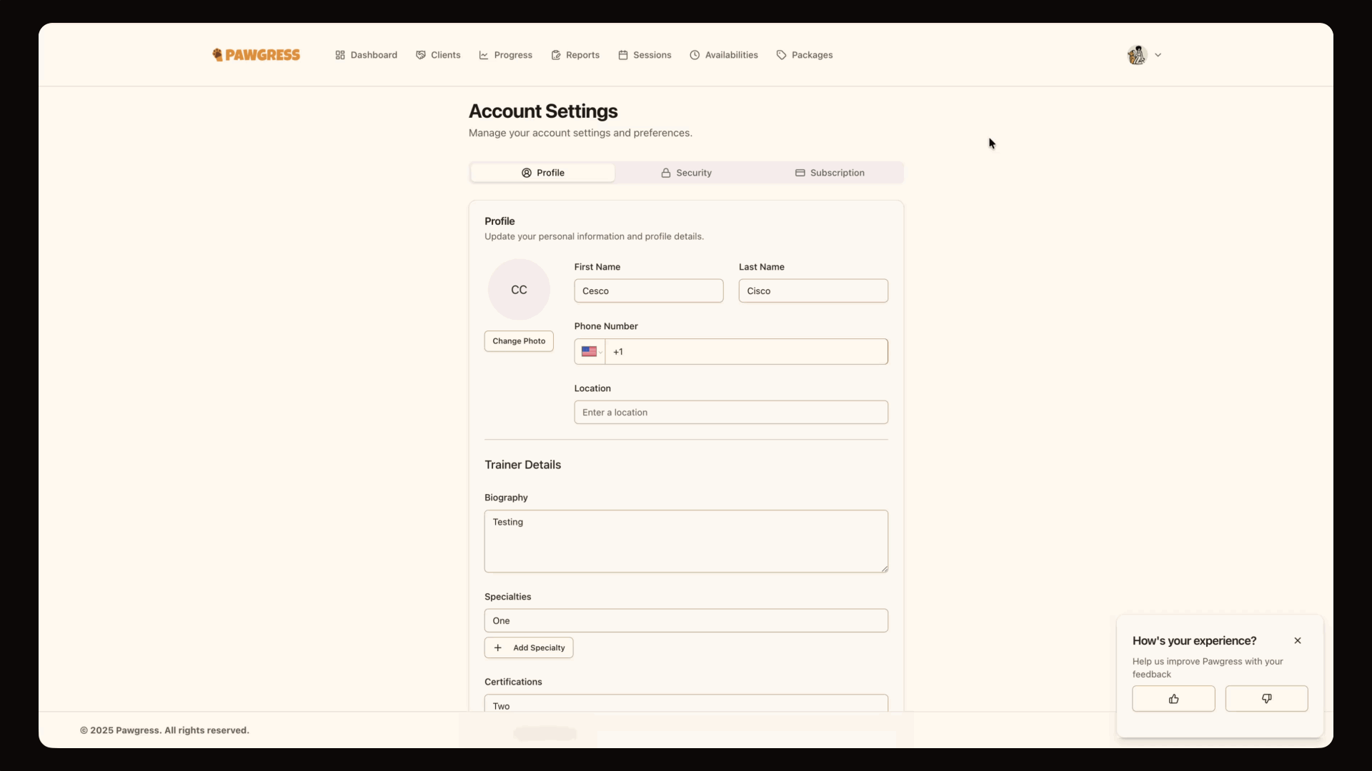 Subscription settings tab