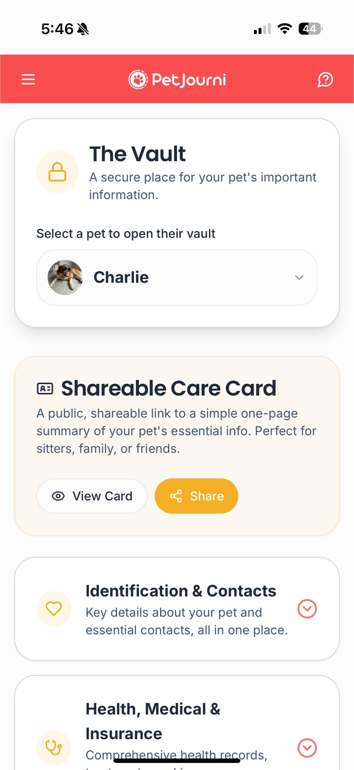 PetJourni app mockup showing vault