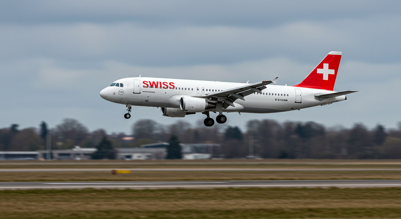 SWISS Airbus A320 (HB-IJNK, 'Amsteg-Ponta di Breno') landing on a runway under a cloudy sky.