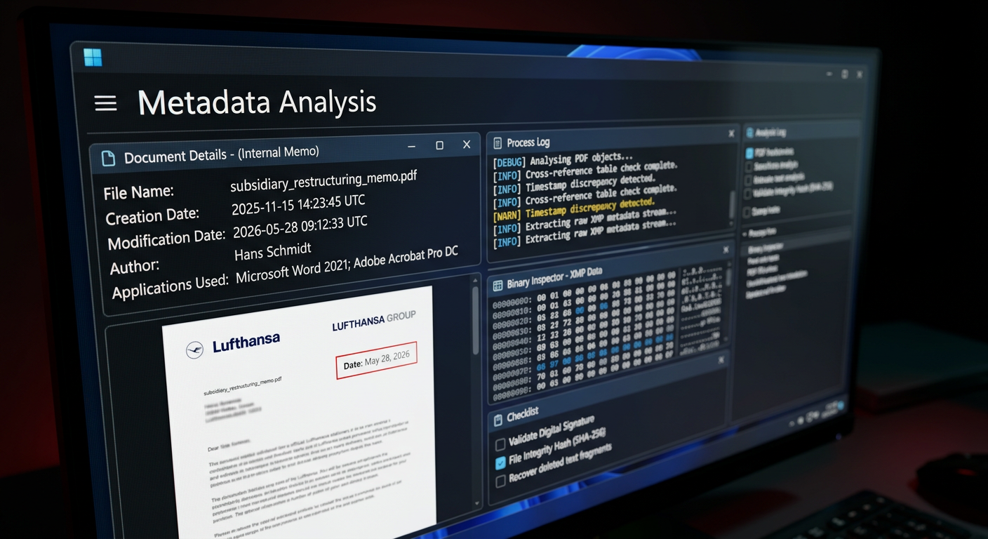 Ein Computerbildschirm zeigt Metadatenanalyse-Software, die ein Lufthansa-Memo und eine festgestellte Zeitstempel-Diskrepanz anzeigt.
