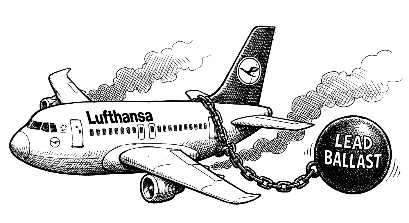 Karikatur: Lufthansa-Flugzeug stößt Rauch aus, angekettet an schwere Kugel 'LEAD BALLAST', zeigt eine Belastung.