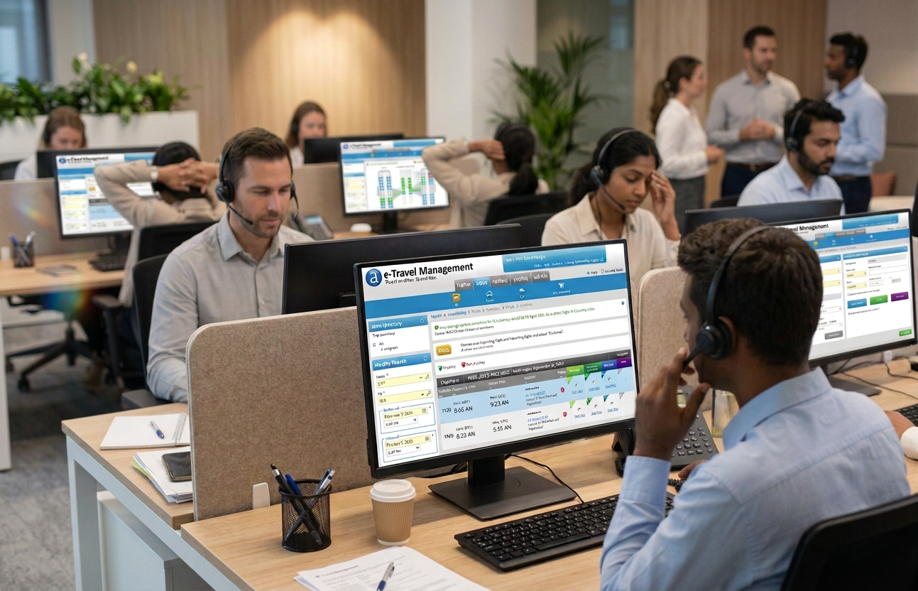 Reiseberater mit Headsets unterstützen Kunden mit 'e-Travel Management' Software in einem geschäftigen Großraumbüro.
