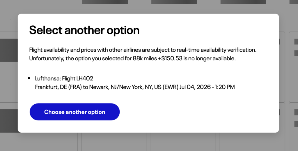 Fehlermeldung bei Flugbuchung: Ein Lufthansa 'Phantom-Sitz' für 88k Meilen nach Newark ist plötzlich nicht mehr verfügbar.