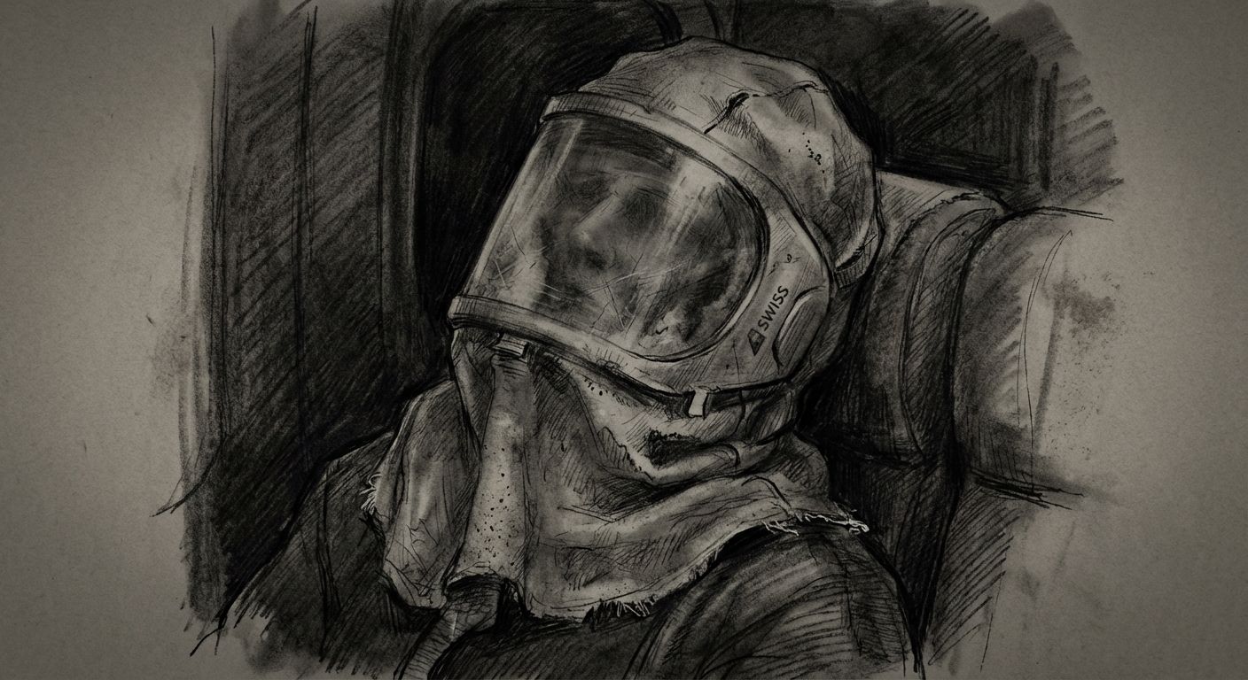 Skizze eines Passagiers in einem Swiss Air Flugzeug mit Schutzanzug und Maske.