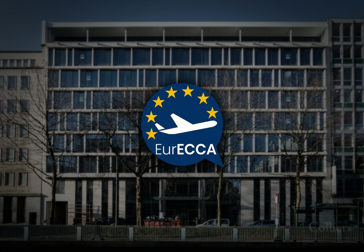 Das EurECCA-Logo mit Flugzeug und EU-Sternen, prominent vor einem modernen Bürogebäude, symbolisiert europäische Luftfahrtinteressen.