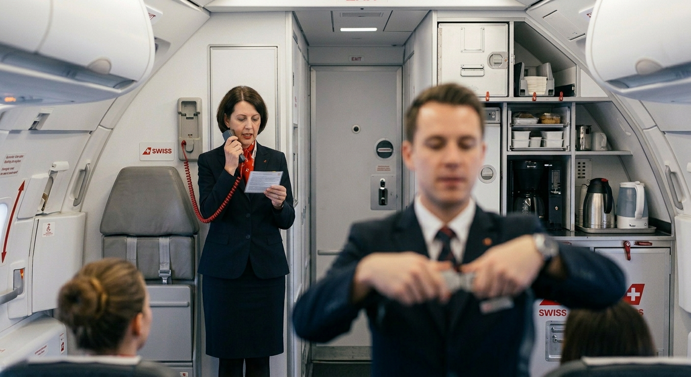 SWISS flight attendants in an airplane cabin. A female attendant speaks on a phone while a male attendant works in the foreground.