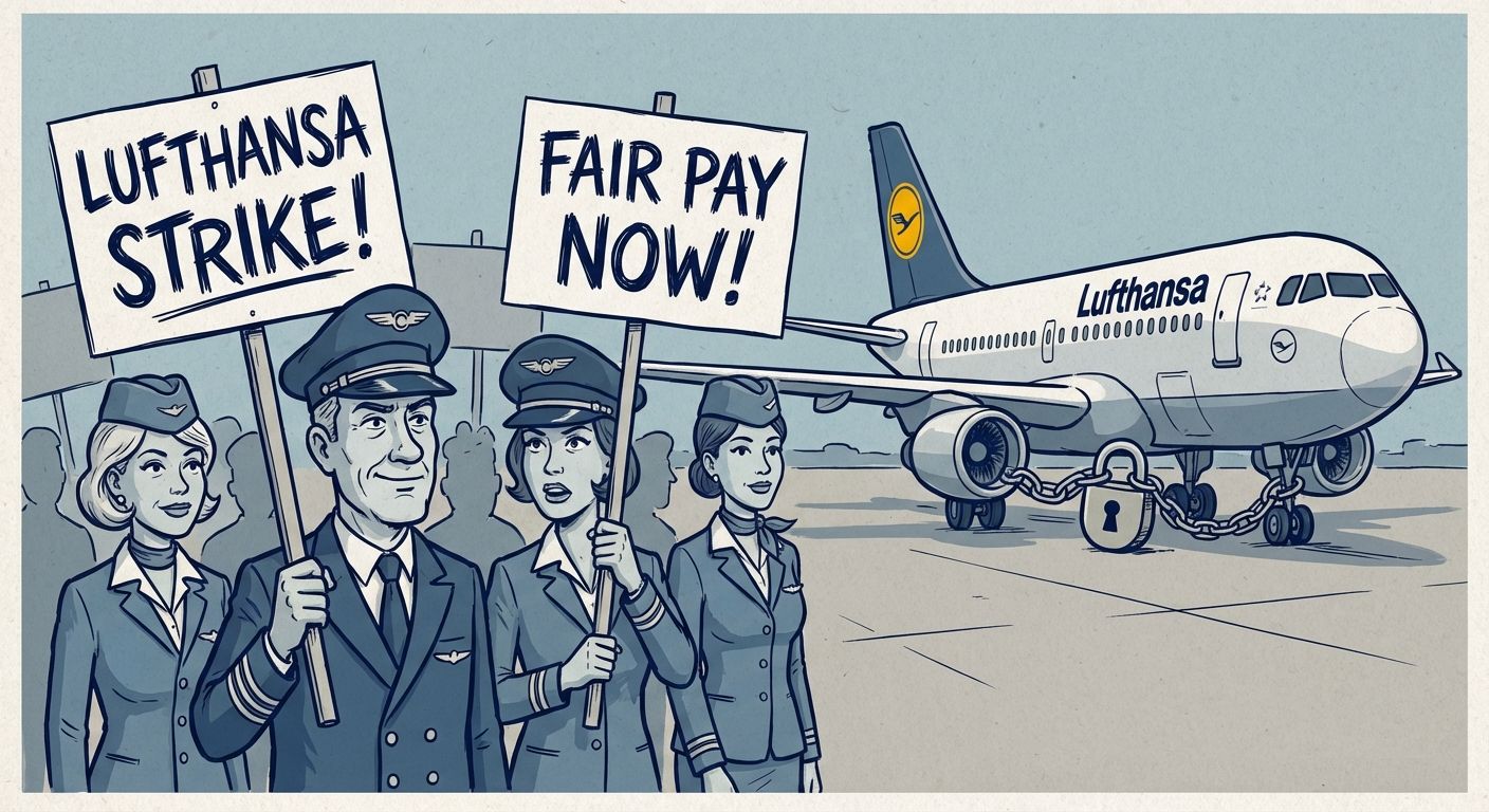 Lufthansa staff strike. Cartoon of employees with signs and Lufthansa plane chained, padlocked to ground.