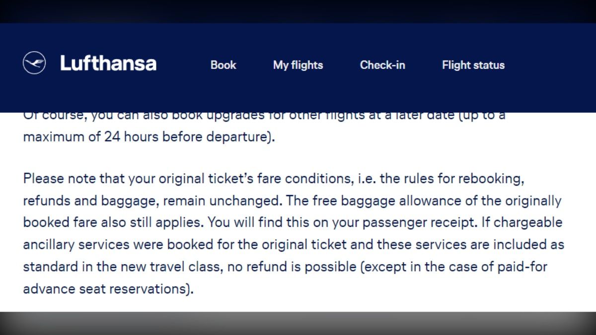 Lufthansa-Webseite mit Upgrade-Bedingungen: Original-Tarifregeln für Umbuchung, Erstattung und Gepäck bleiben unverändert.