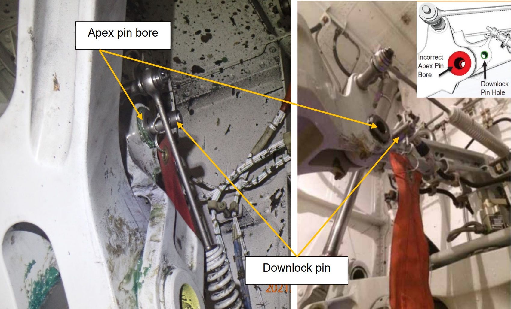 Flugzeug-Bugfahrwerk-Komponenten mit Beschriftungen für 'Apex pin bore' und 'Downlock pin', illustriert die Designschwäche für falsche Stifteinführung.
